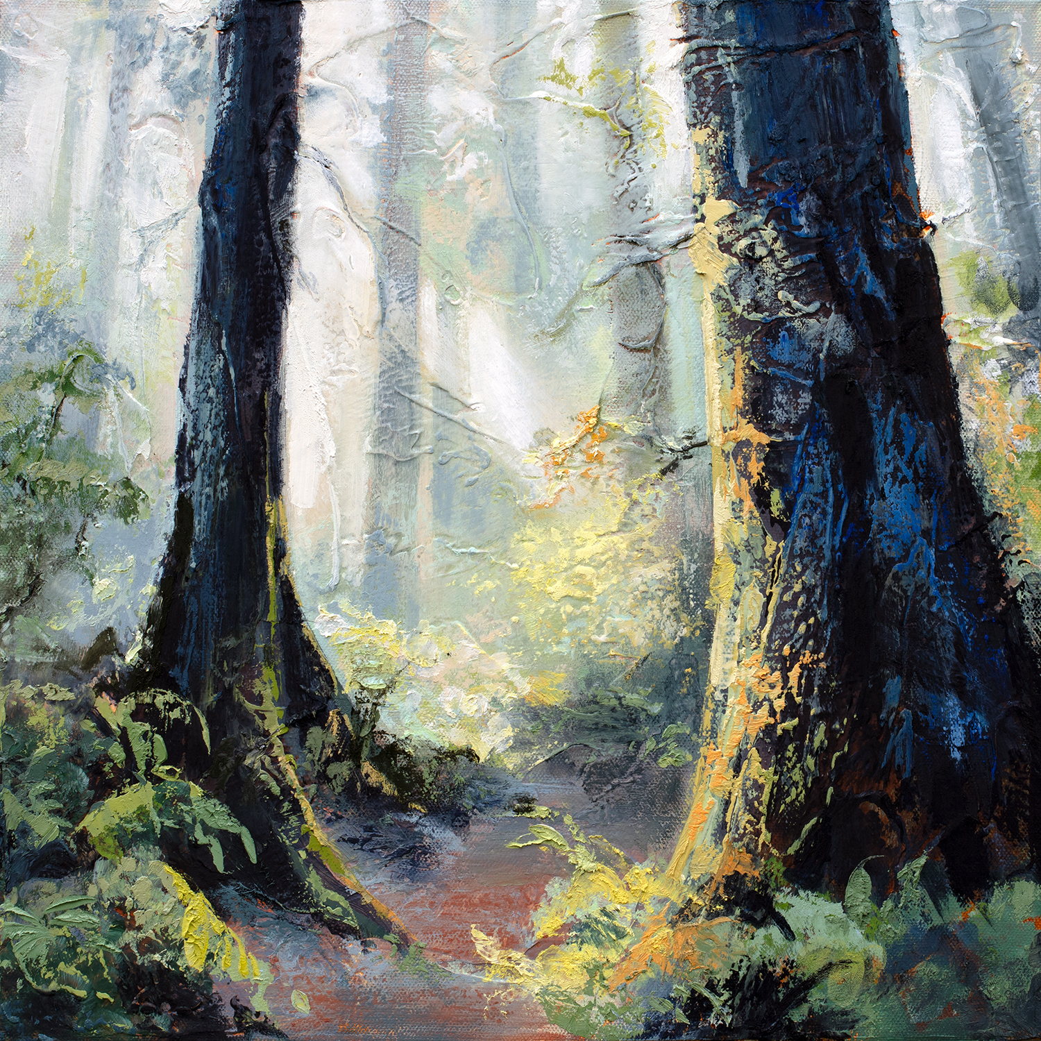 Chuck Gumpert -  Forest Walk 3  
oil &amp; mixed media 16x16 
$1,500