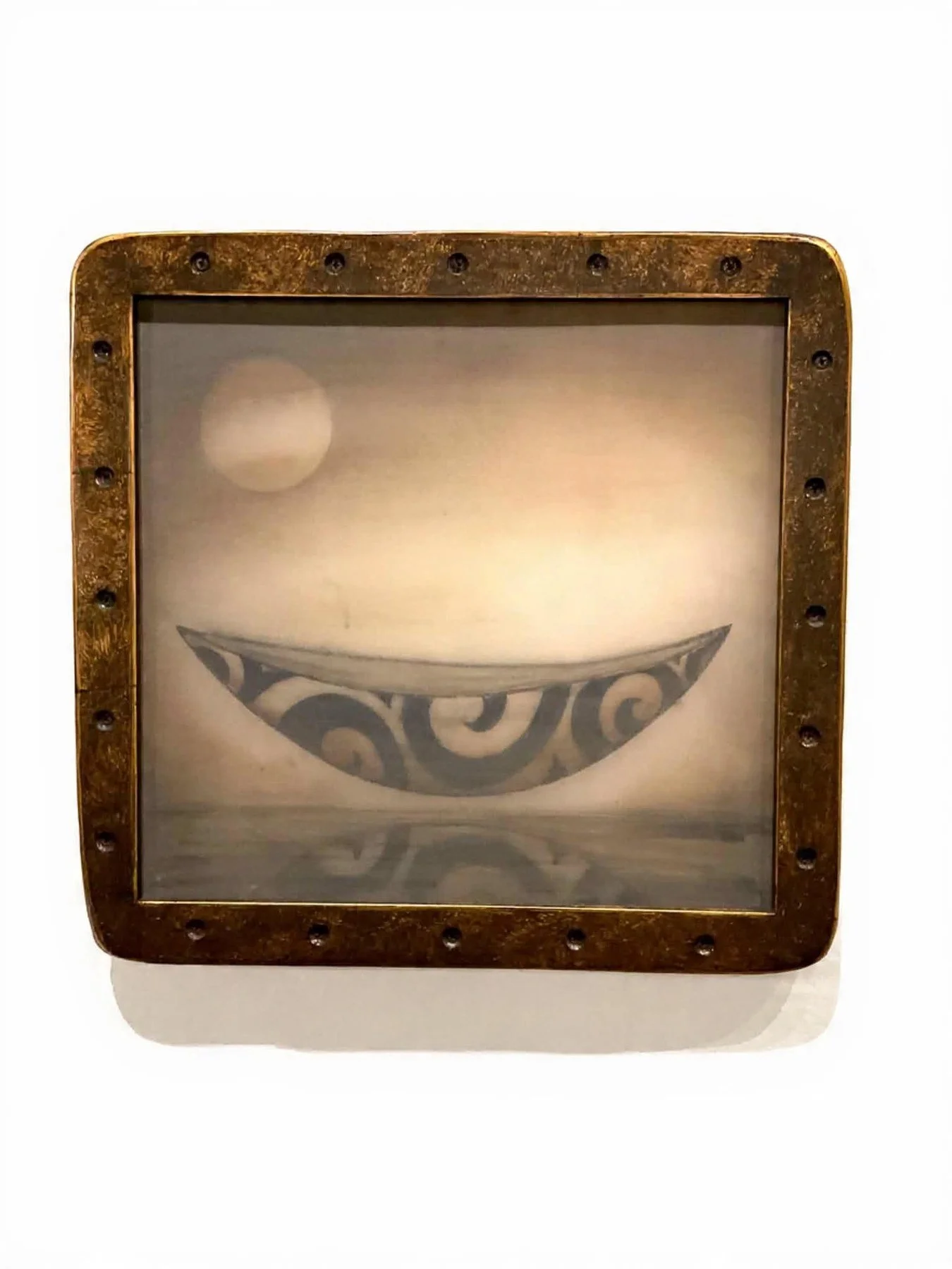 Steve Jensen 
 Boat in the Mist  
19x18 
oil on plexiglass artist made frame 
$1,500