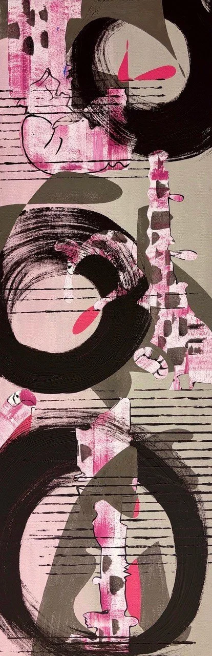 Lezlie Jane 
 Pose Portal  
36x12 
acrylic and painted paper collage on cradled canvas 
$1,200