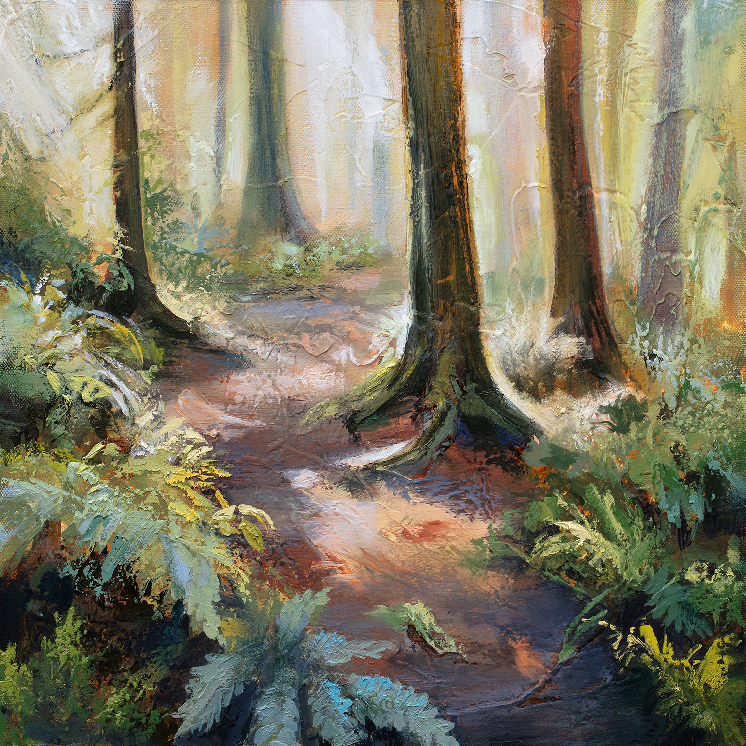 Chuck Gumpert -  Forest Walk 2  
oil &amp; mixed media 16x16 
$1,500
