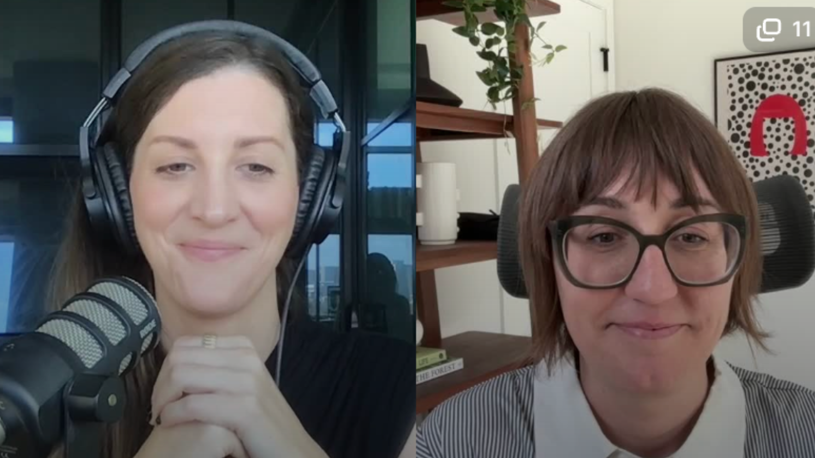 Brie and a  podcast guest participating in a video call,.