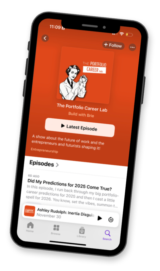 Smartphone screen displaying a podcast app called 'The Portfolio Career Lab' with a retro illustration of a woman holding a clipboard or paper, set against an orange background.