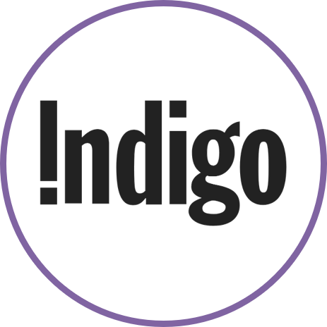 Indigo logo with the word 'Indigo' in black lowercase letters on a white circular background with a purple border.