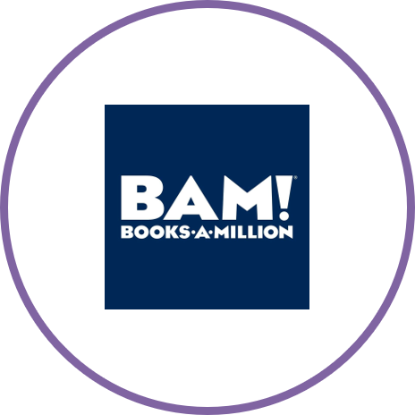 BAM! Books-A-Million logo with white text on a dark blue square background, inside a purple circle.