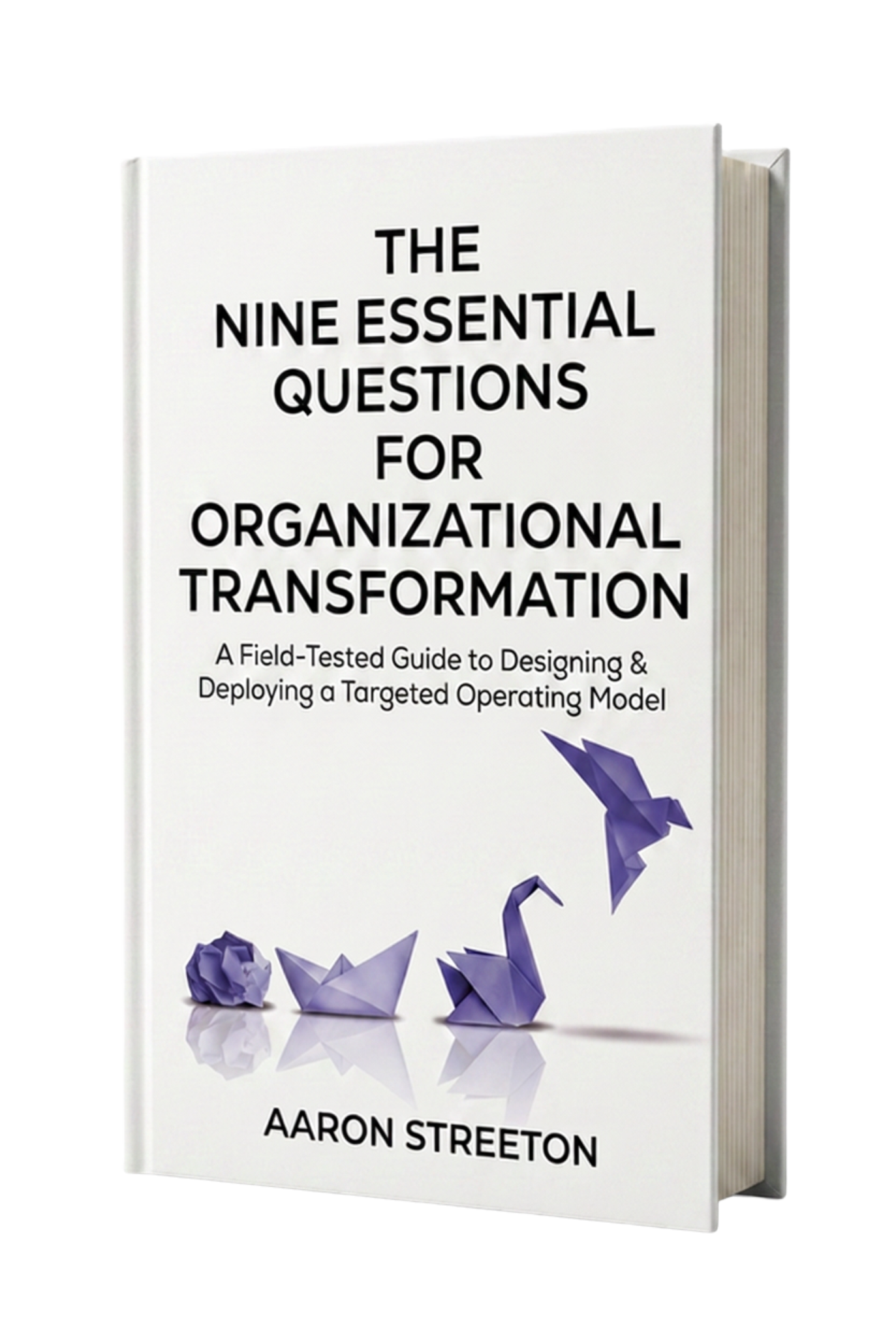 Book titled 'The Nine Essential Questions for Organizational Transformation' by Aaron Streeton, with purple origami animals on the cover.