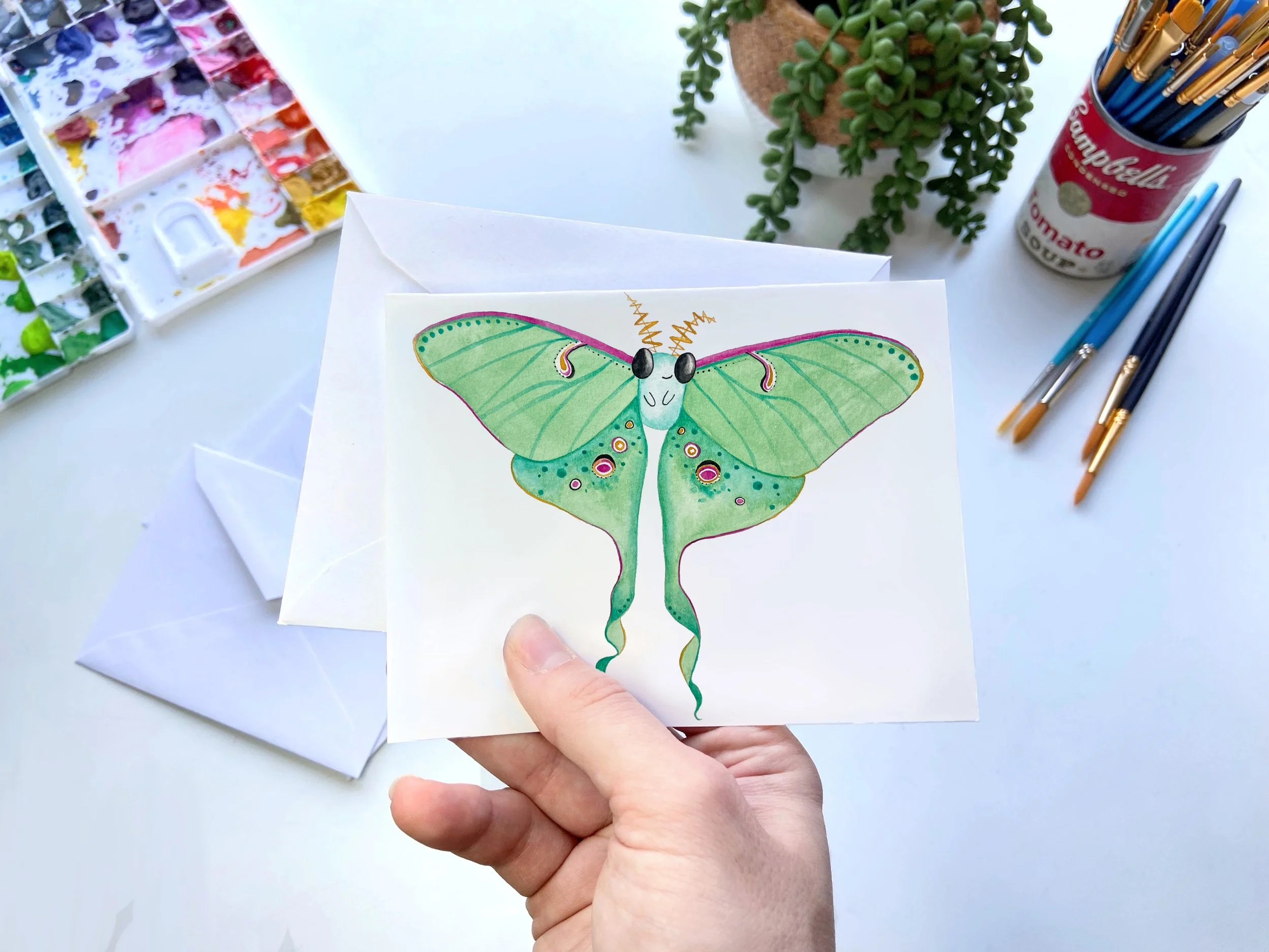 Luna Moth Butterfly Watercolor Greeting Card – Nature-Inspired Stationery
