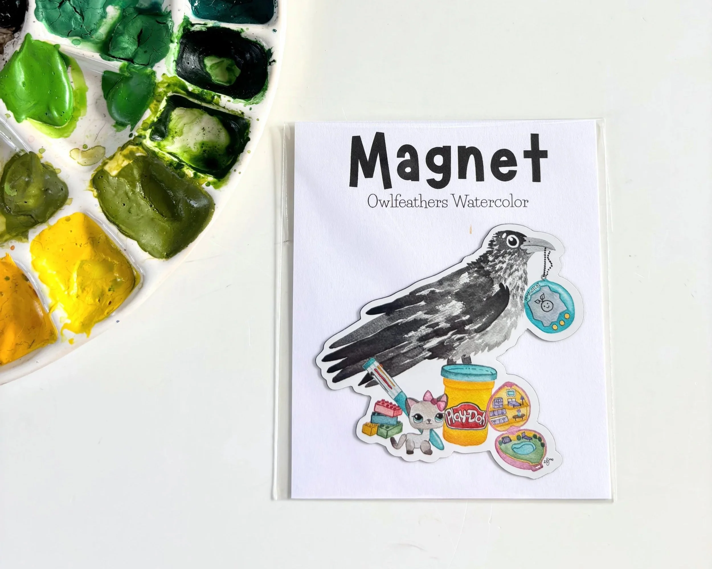 Y2K Raven with Trinkets Watercolor Magnet – Nostalgic Bird Art