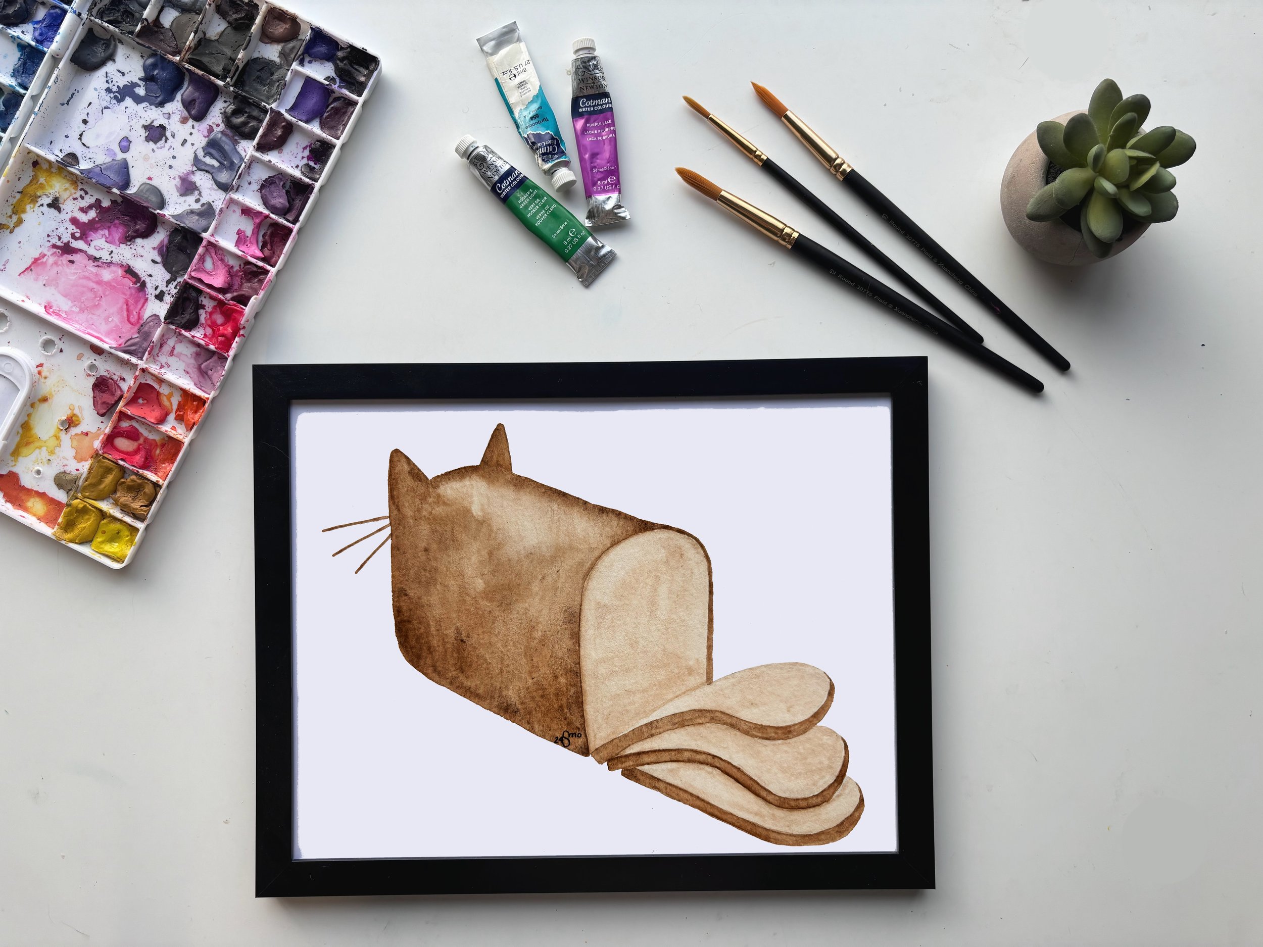 Cat Bread Loaf Watercolor Print