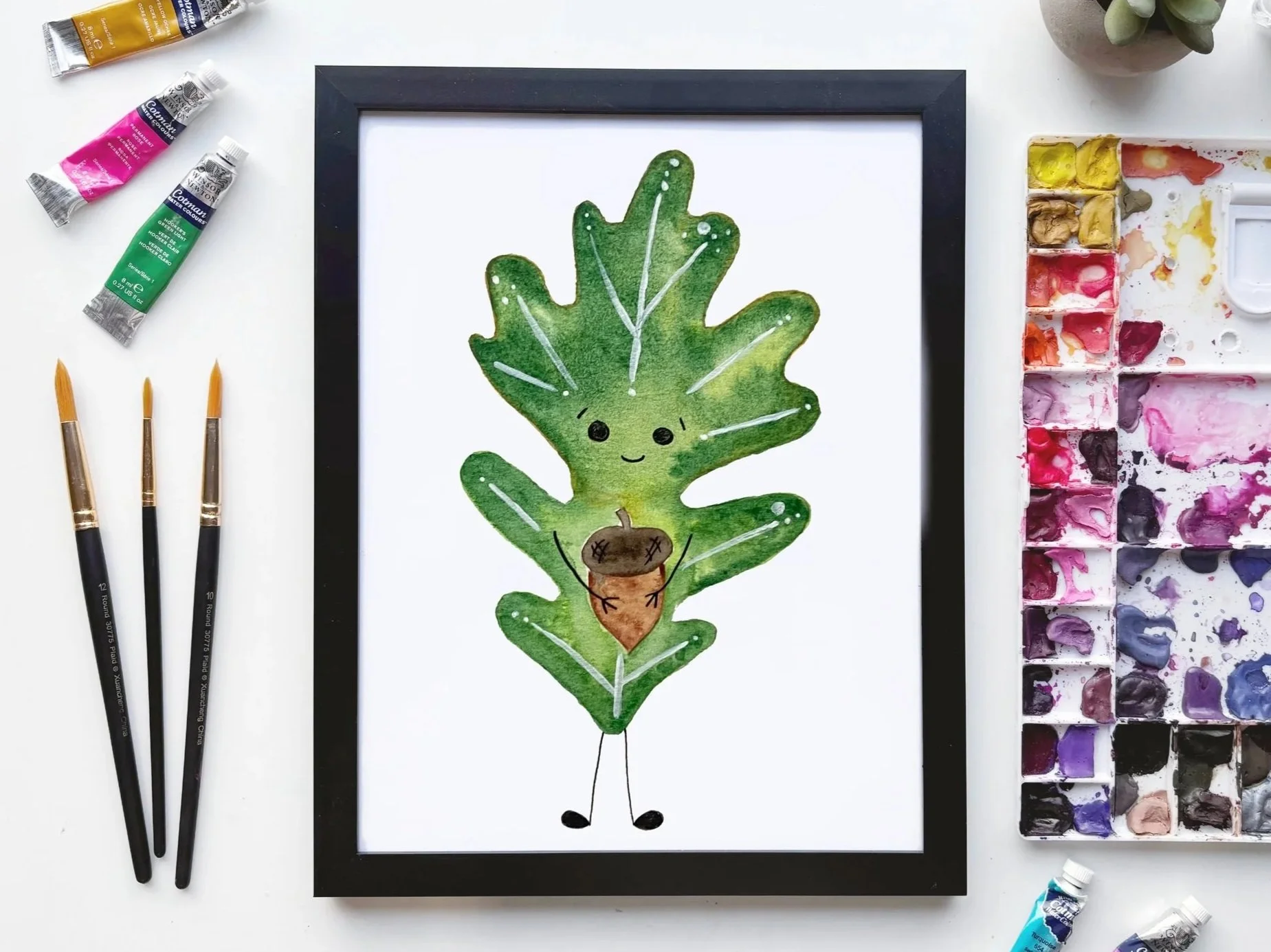 Oak Leaf Watercolor Art Print – Whimsical Woodland Illustration