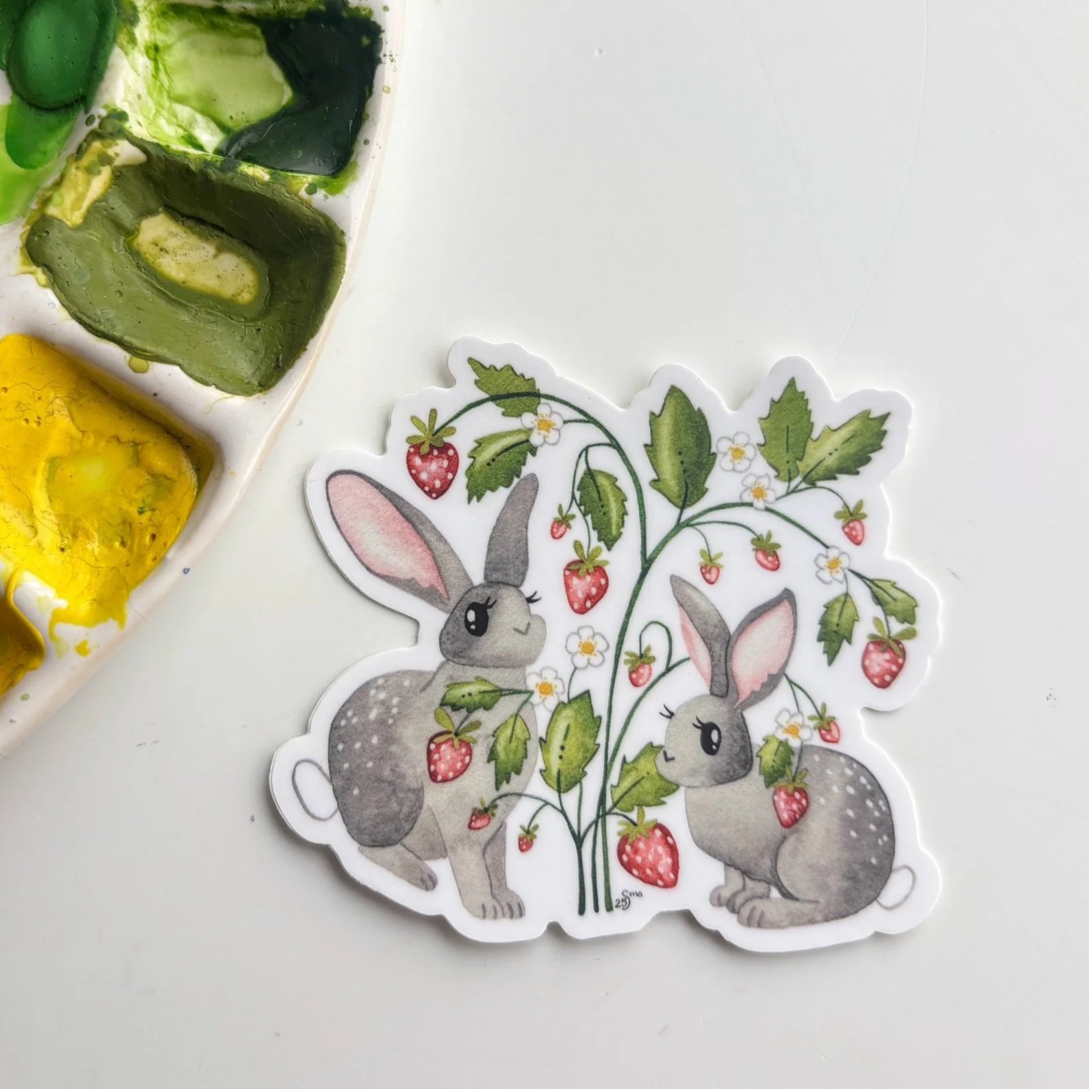 Strawberry Bunny Friends Watercolor Sticker – Cute Forest Garden Art