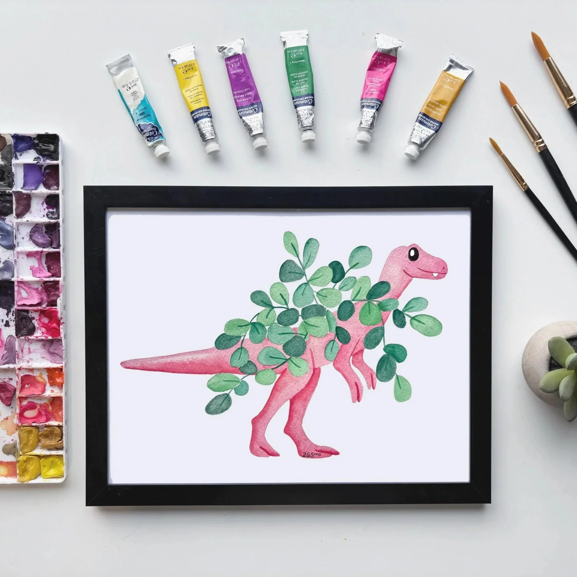 Dinosaur Plant Pink Watercolor Art Print – Cute Botanical Dino Art