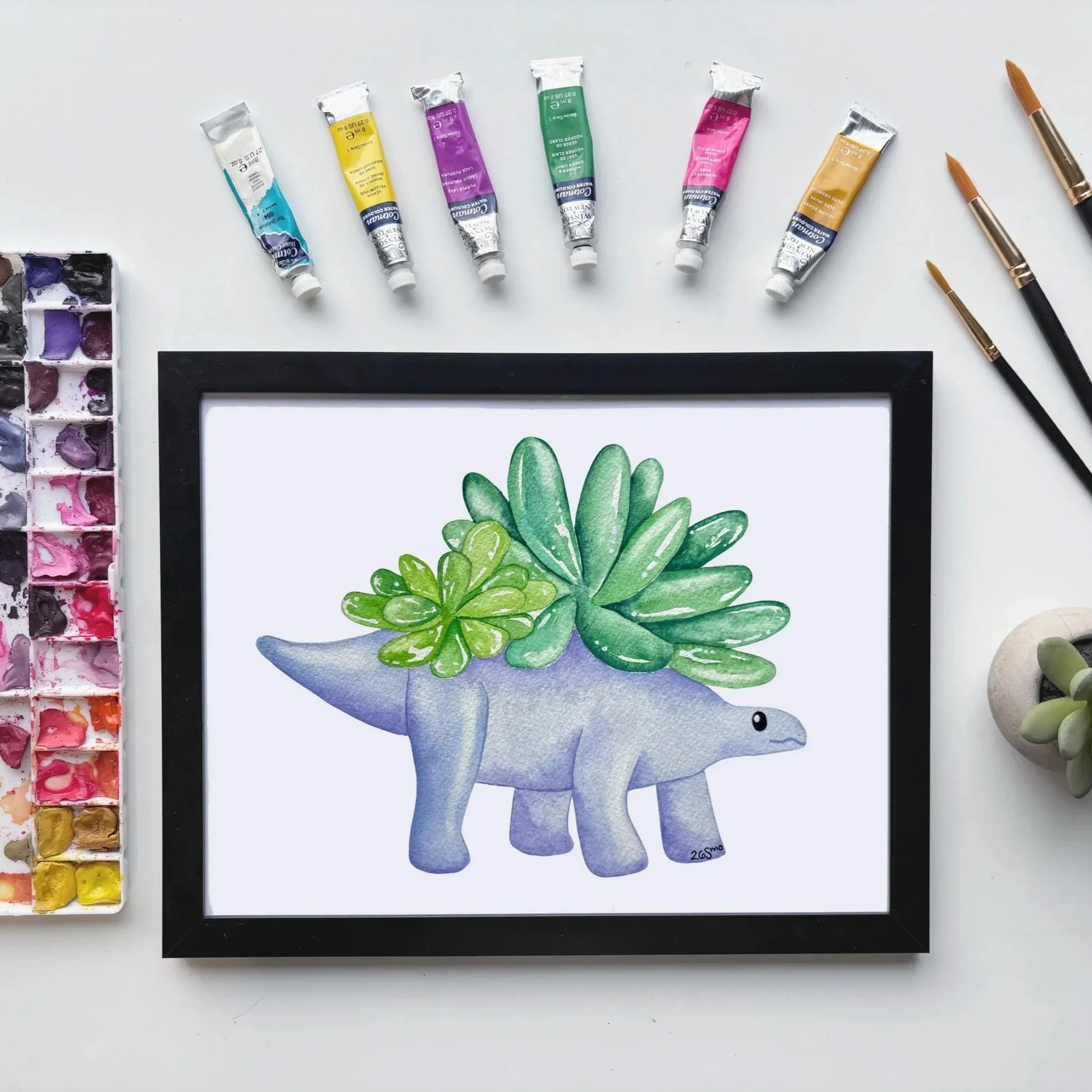 Dinosaur Plant Purple Watercolor Art Print – Succulent Dino Illustration