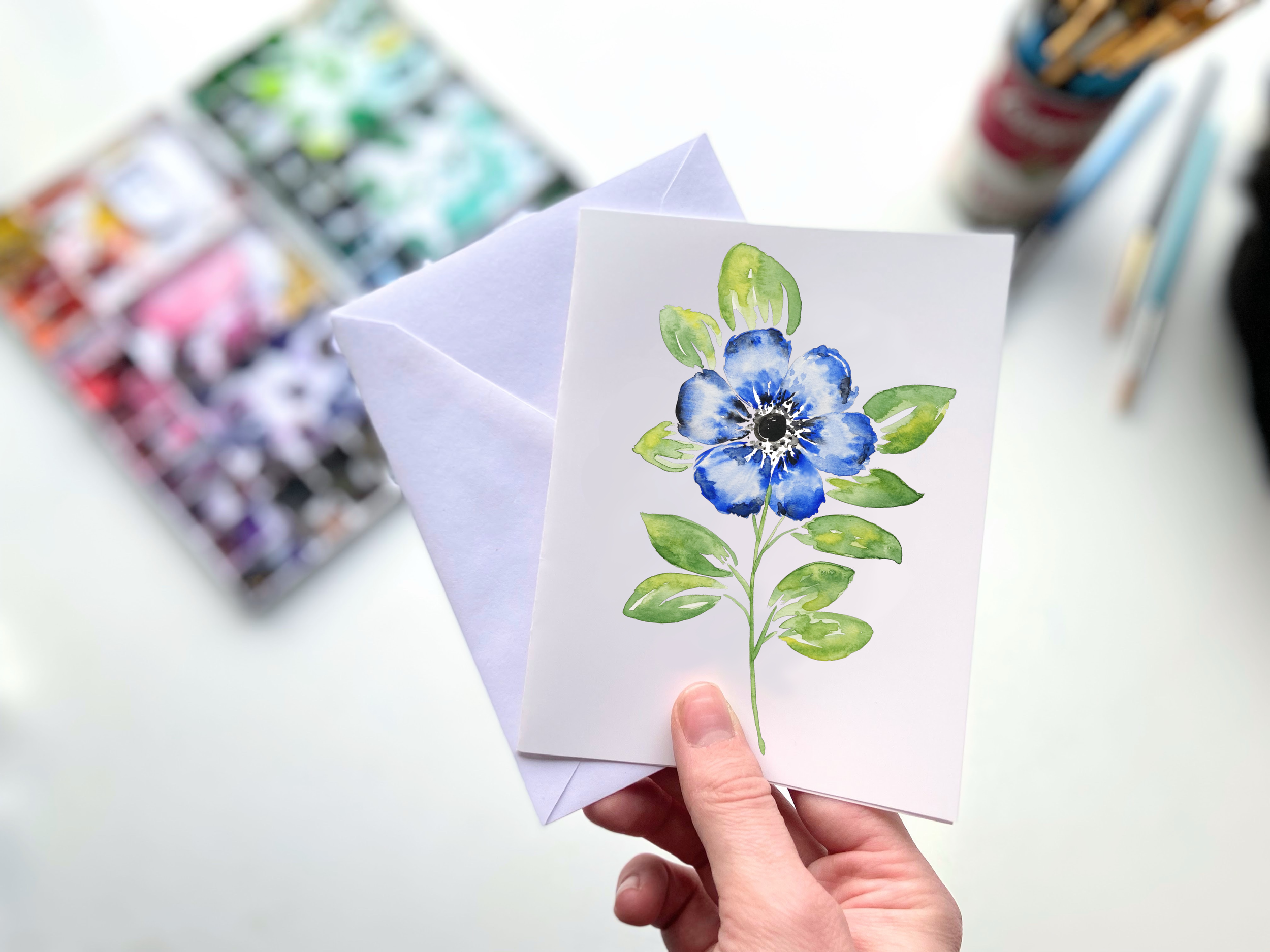 Blue Flower Watercolor Greeting Card – Floral, Botanical & All-Occasion Stationery