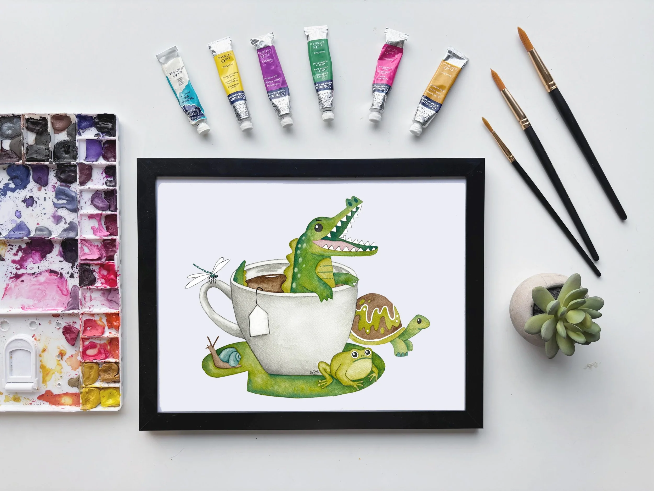 Alligator Teacup Watercolor Art Print