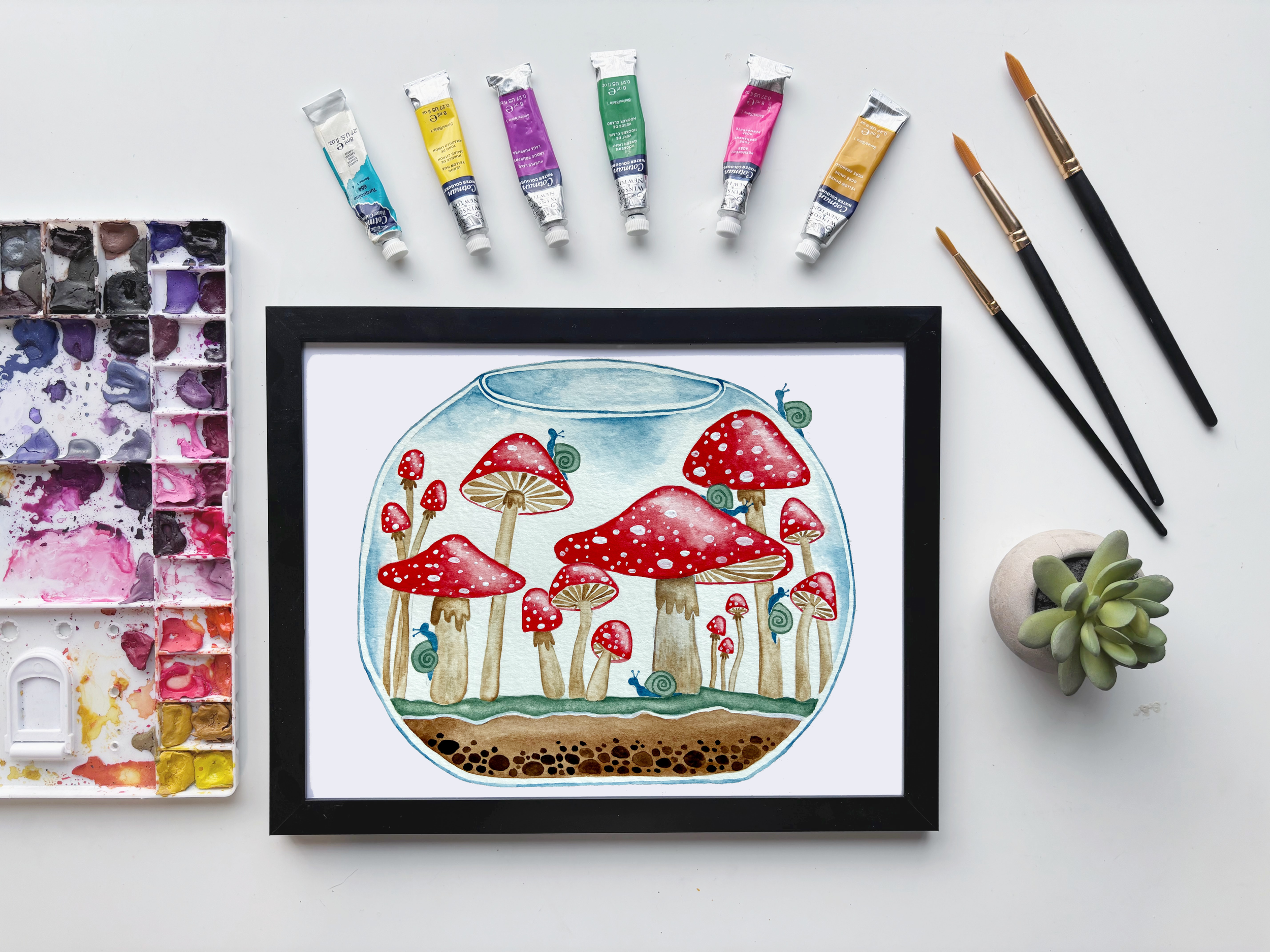 Red Mushrooms in Terrarium Watercolor Print