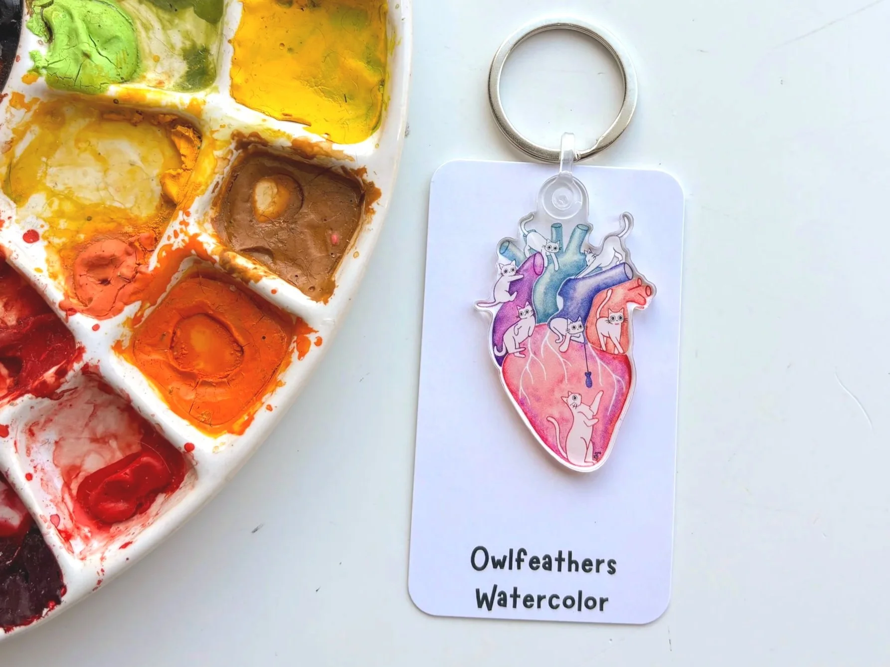 Cat Heart Watercolor Keychain