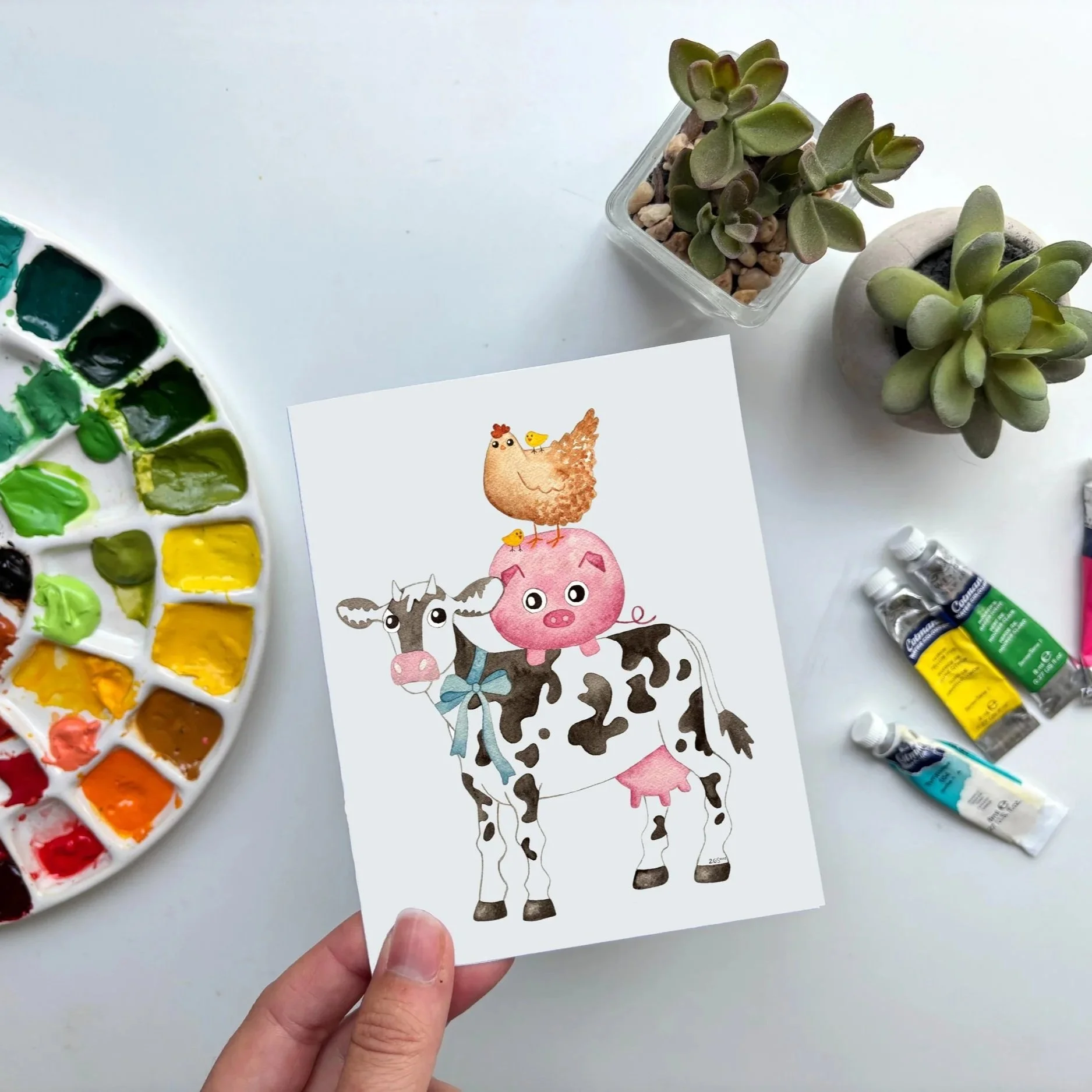 Cow and Friends Card – Whimsical Farm Animal Watercolor Art