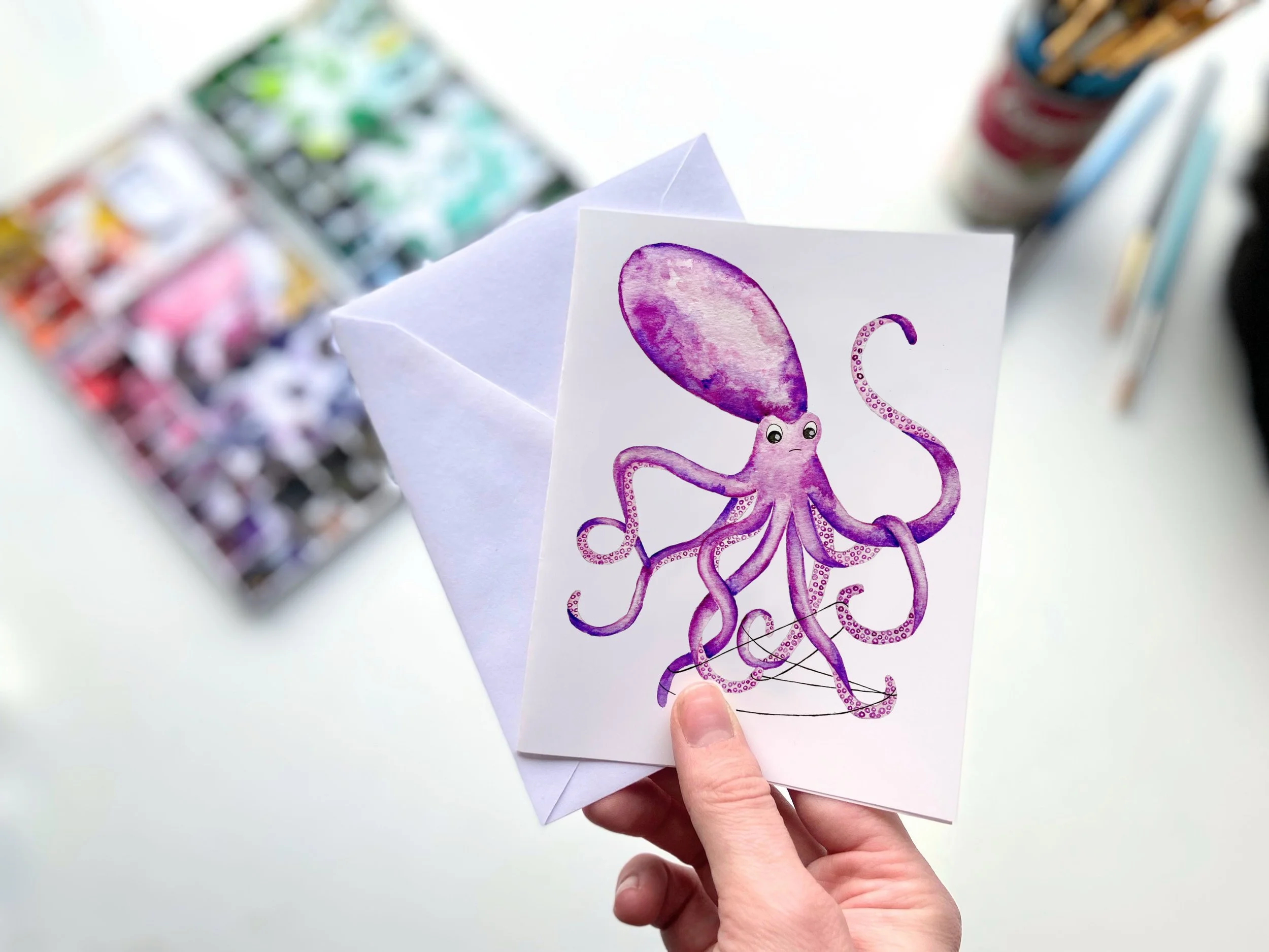 Purple Octopus Watercolor Greeting Card – Ocean Animal Stationery