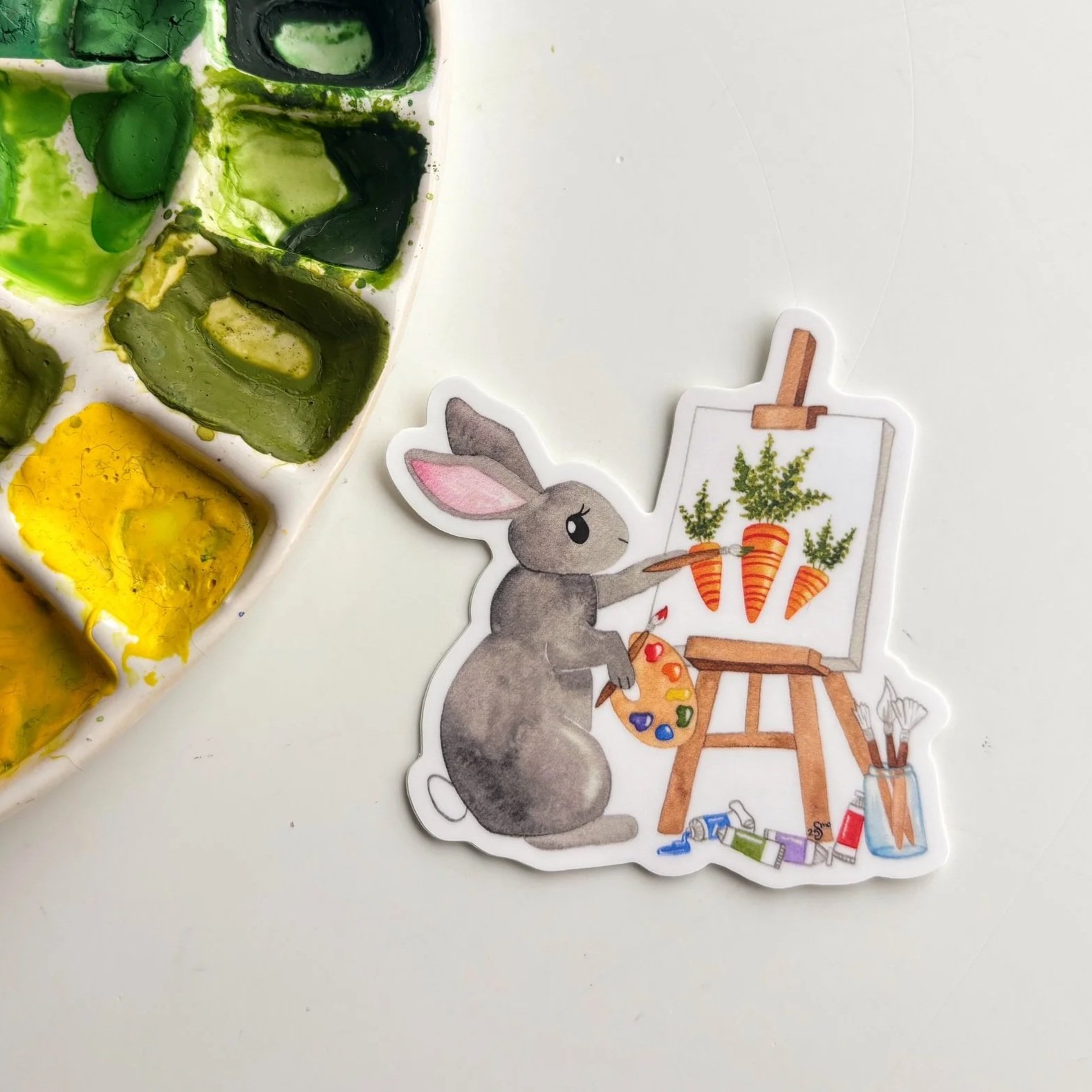 Bunny Carrot Painting Watercolor Sticker – Artist Rabbit Illustration