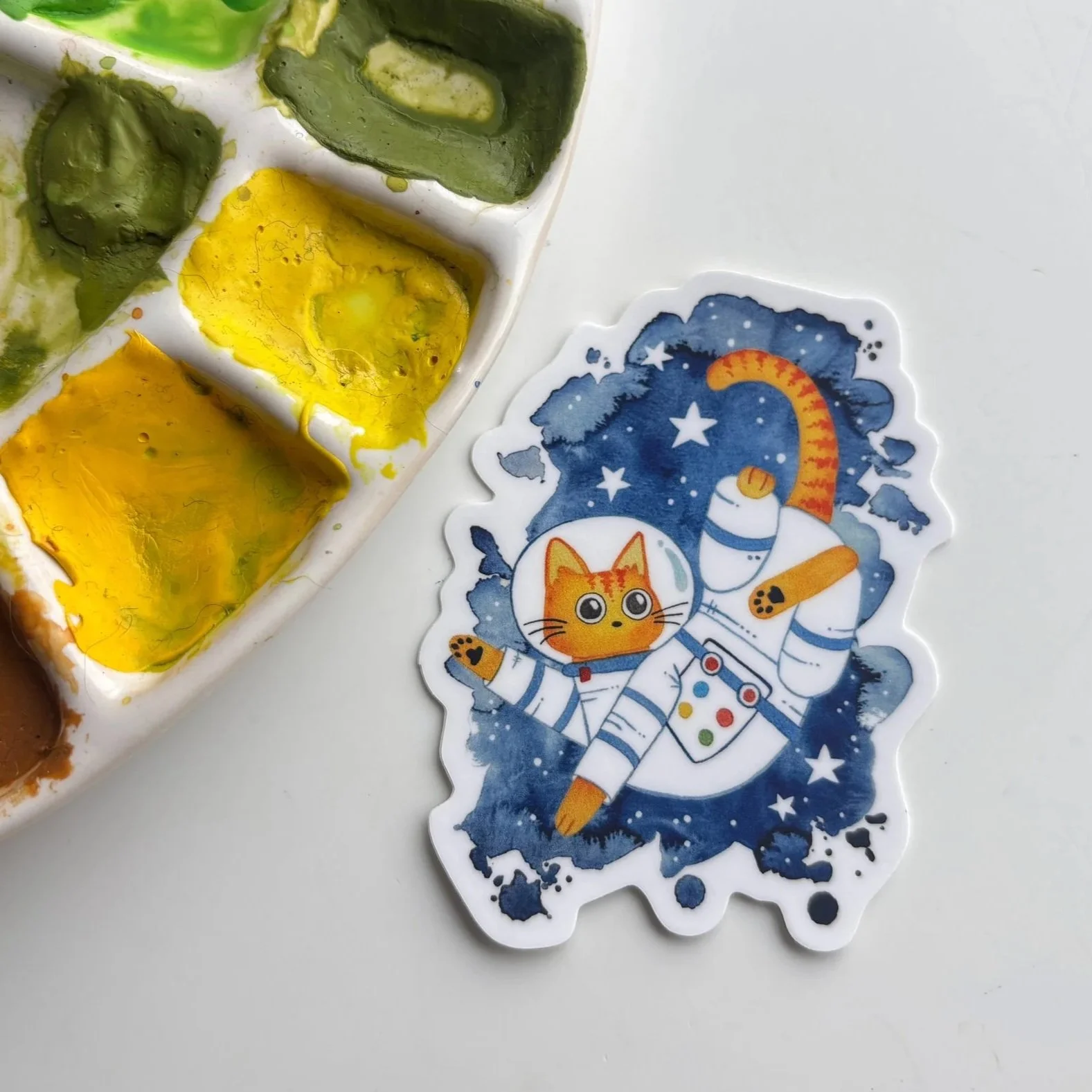 Astronaut Cat Watercolor Sticker – Space Explorer Feline Art
