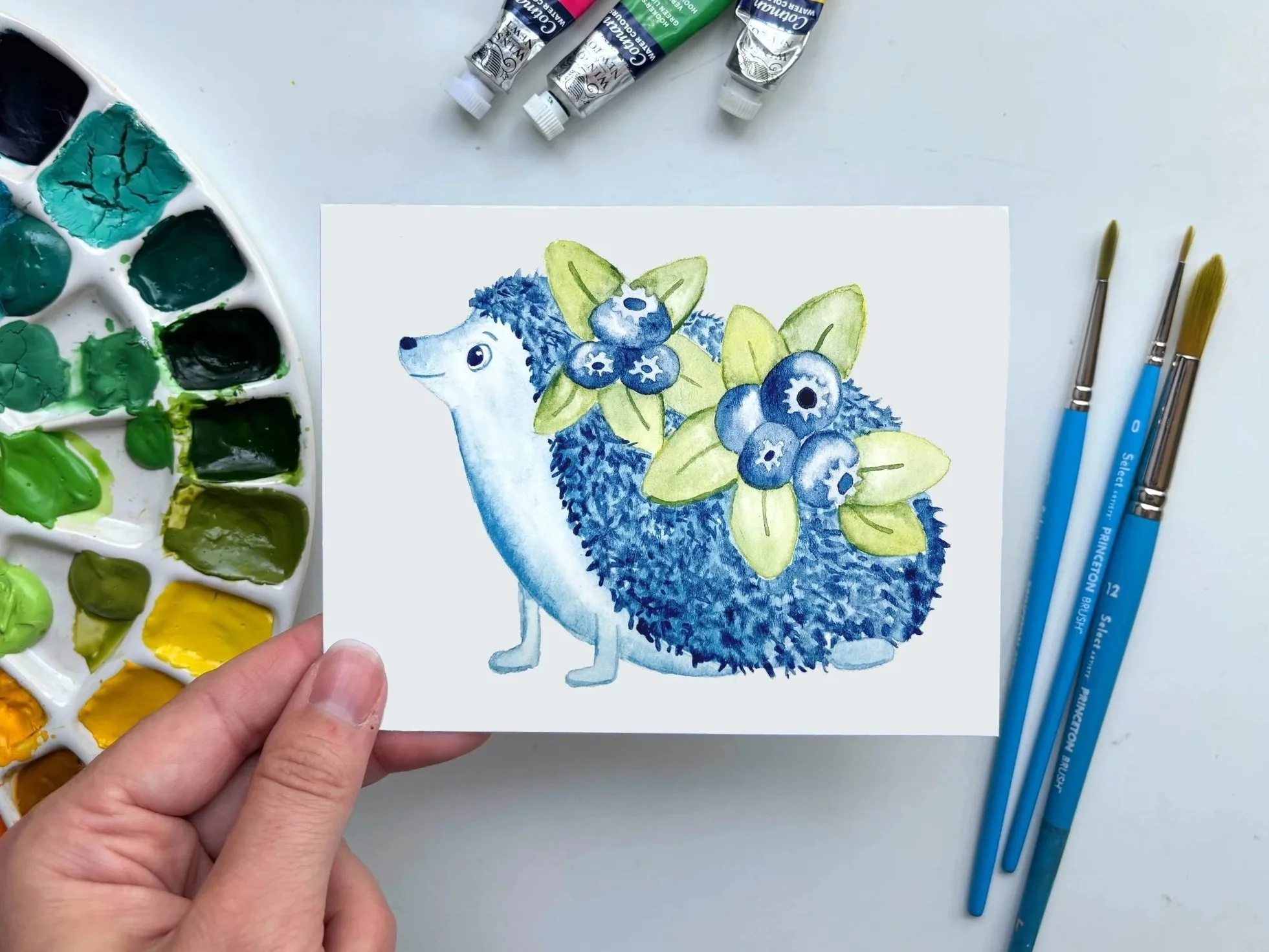 Blueberry Hedgehog Watercolor Greeting Card – Unusual Pet & Woodland Animal Stationery
