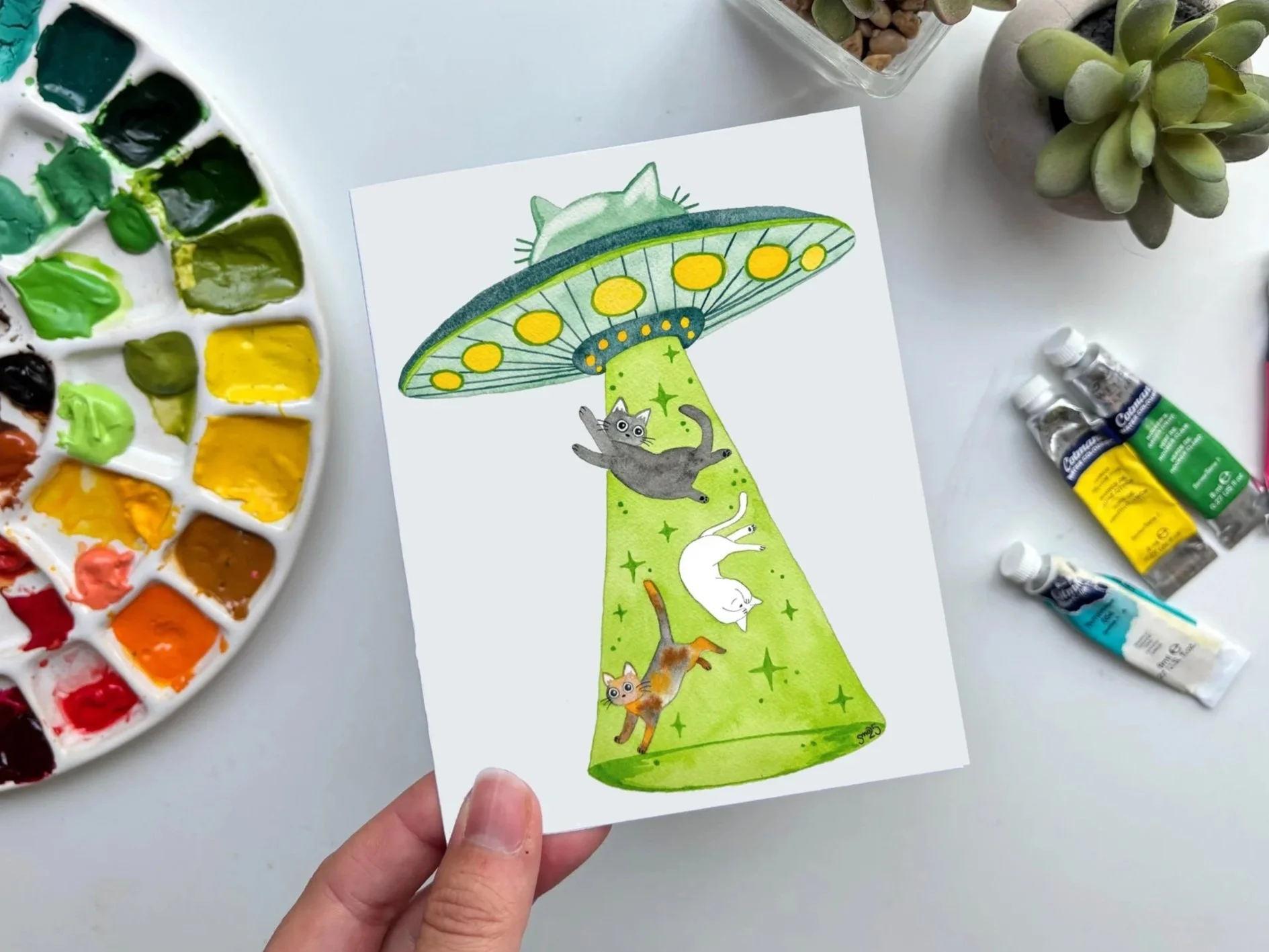 Cat Alien Abduction Watercolor Card – Whimsical Space Cat Art