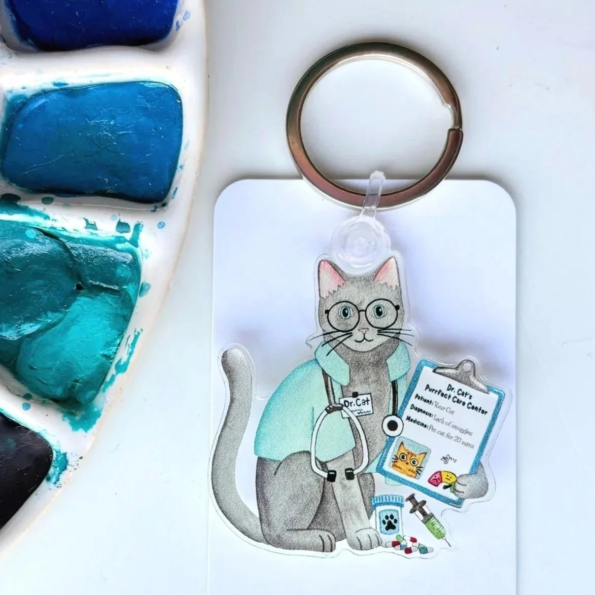 Doctor Cat Watercolor Keychain