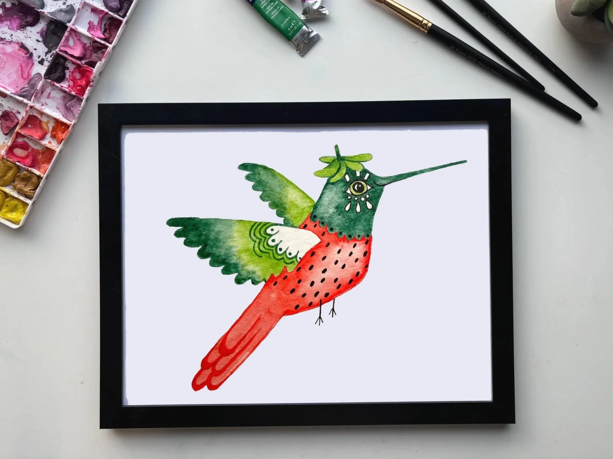 Strawberry Hummingbird Watercolor Art Print – Whimsical Fruit-Inspired Illustration