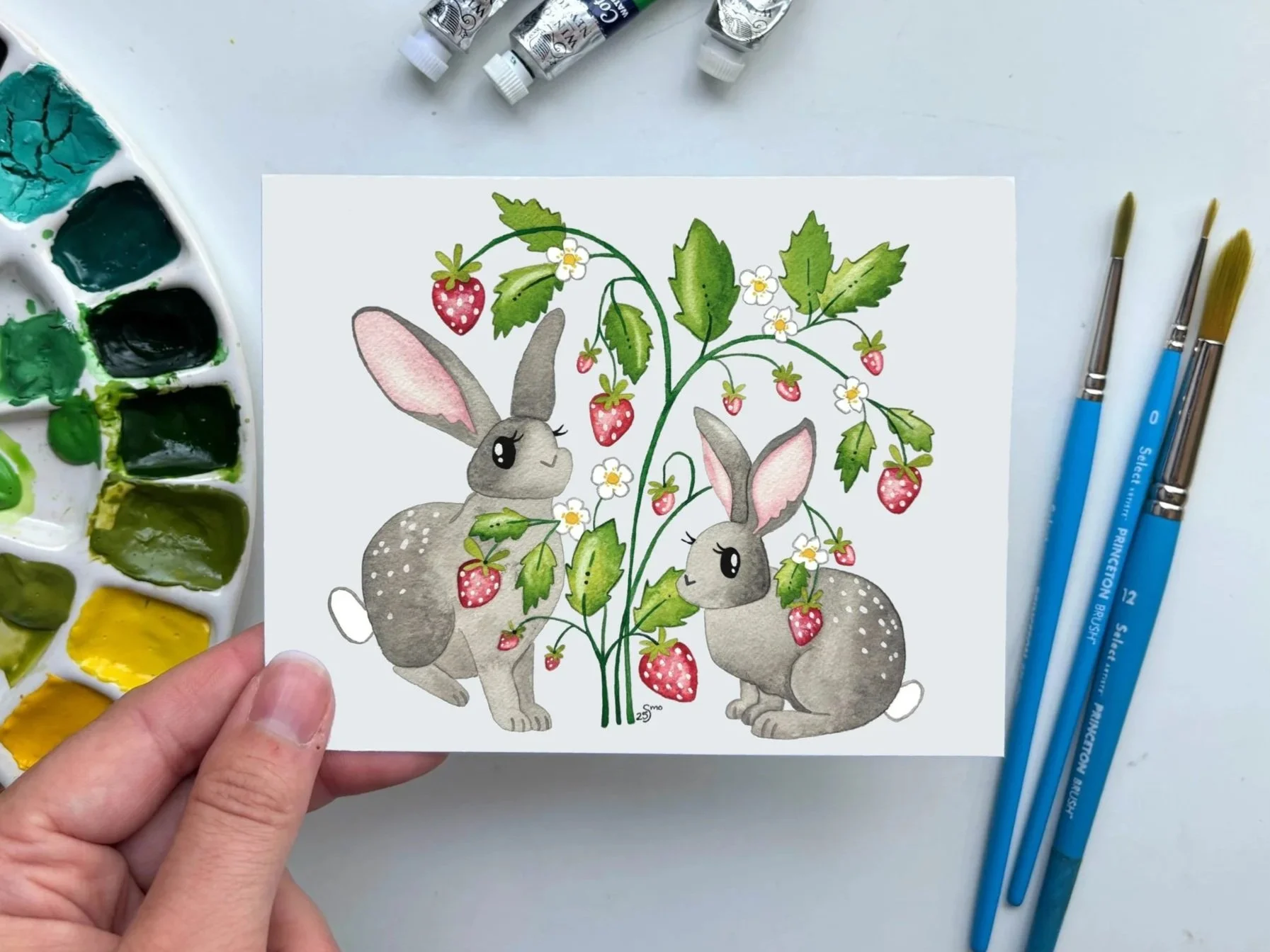 Rabbit Strawberry Patch Friends Card – Whimsical Garden Bunny Art