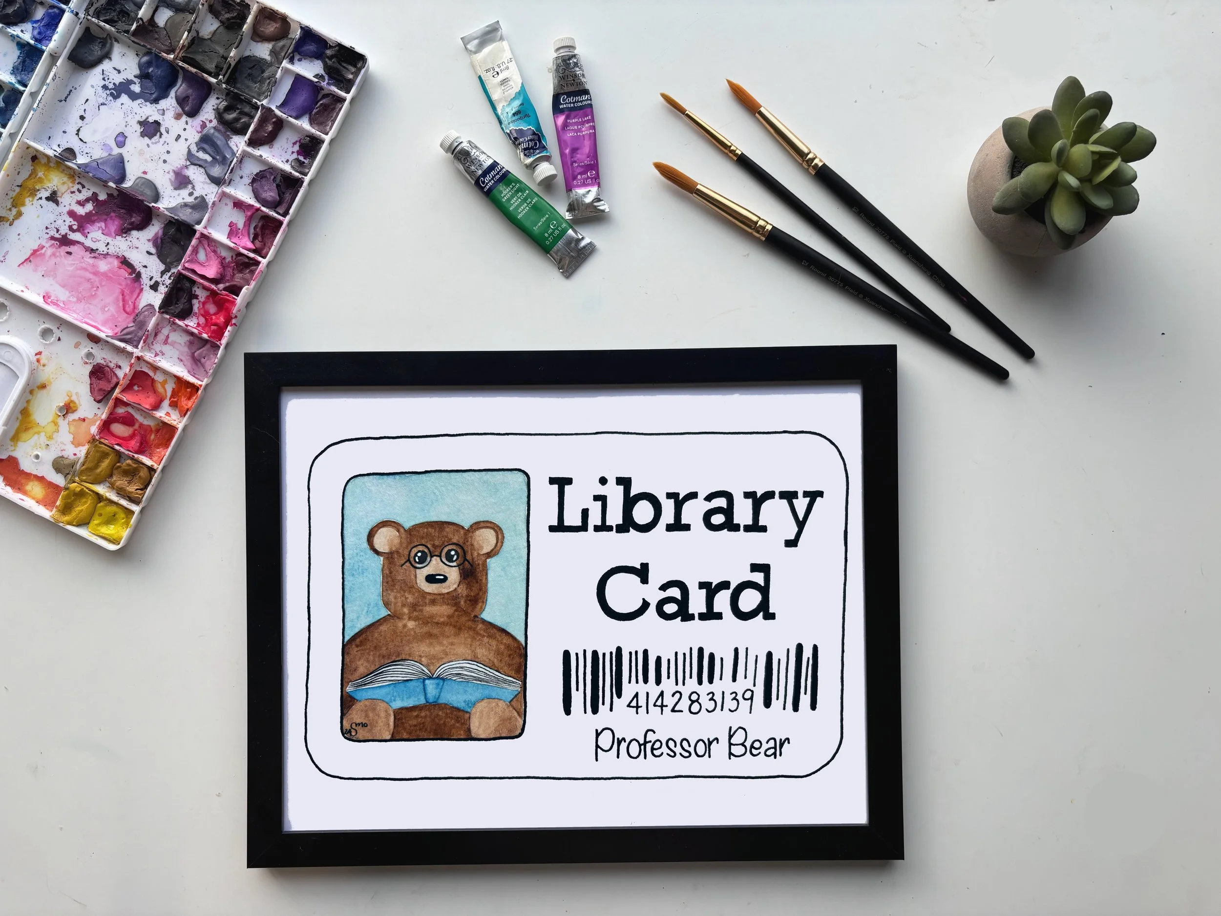 Bear Library Card Watercolor Print