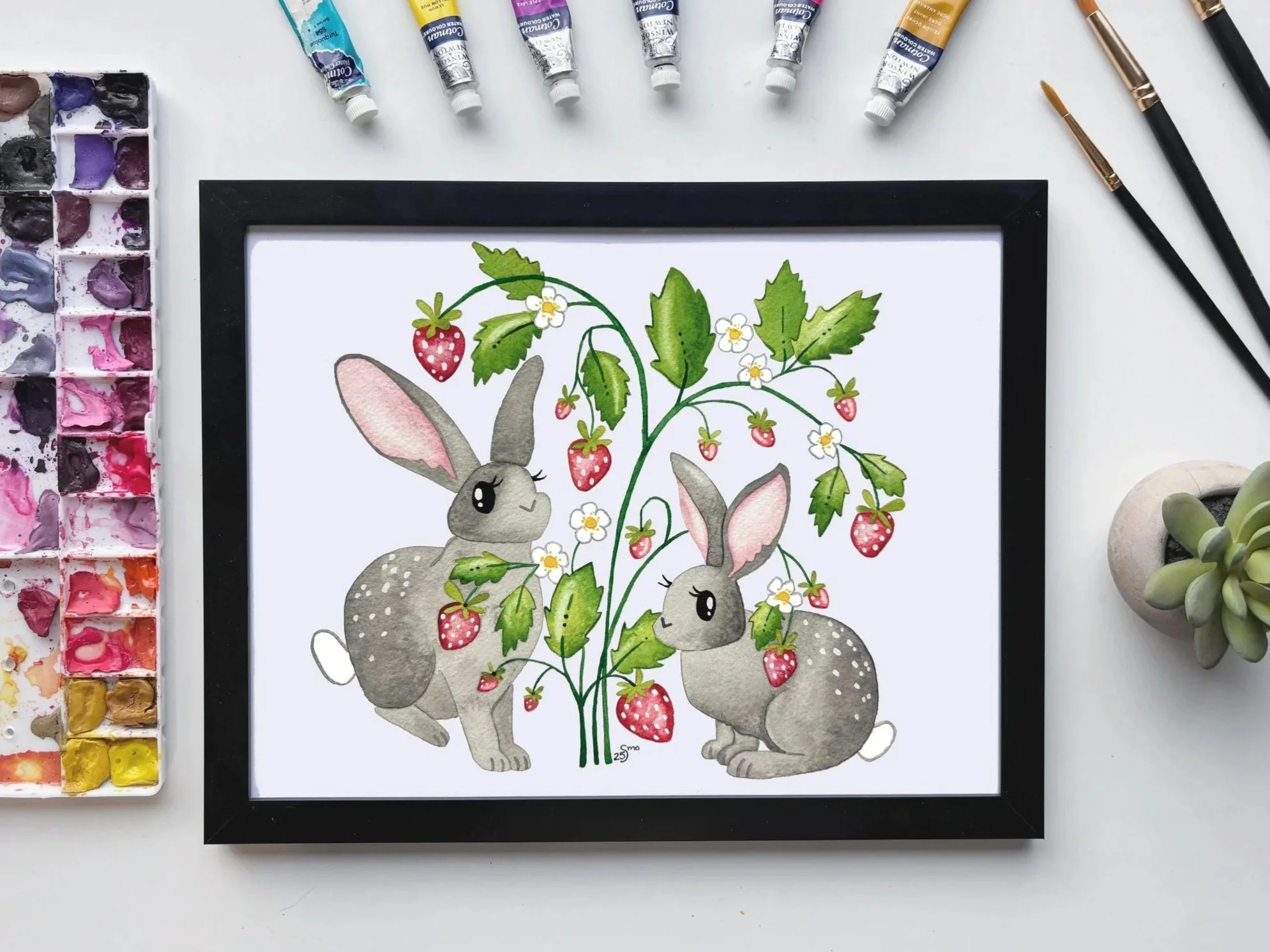Rabbit Friends with Strawberries Watercolor Art Print – Whimsical Garden Bunny Design