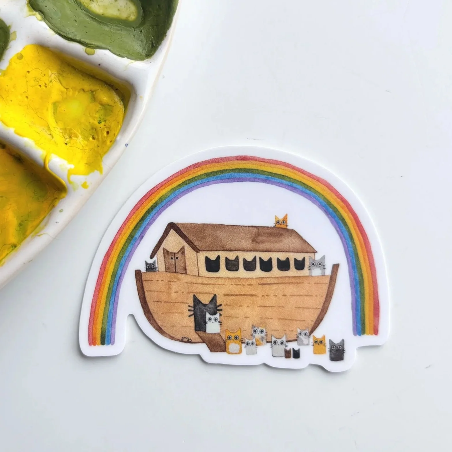 Noah’s Ark Cats Watercolor Sticker – Rainbow Animal Bible Story Art