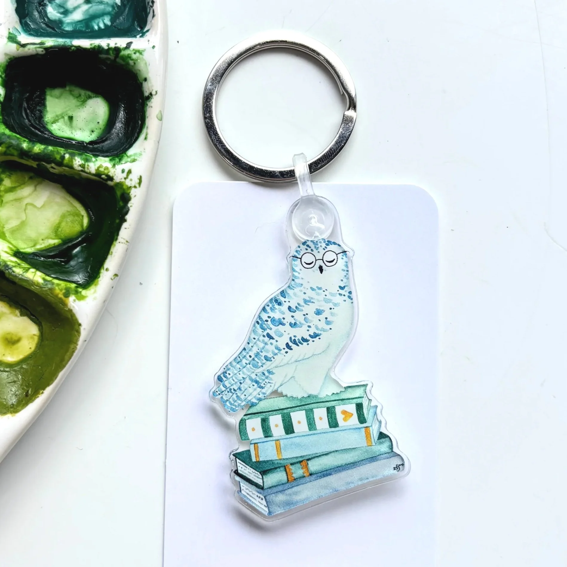 Owl Reading Books Keychain