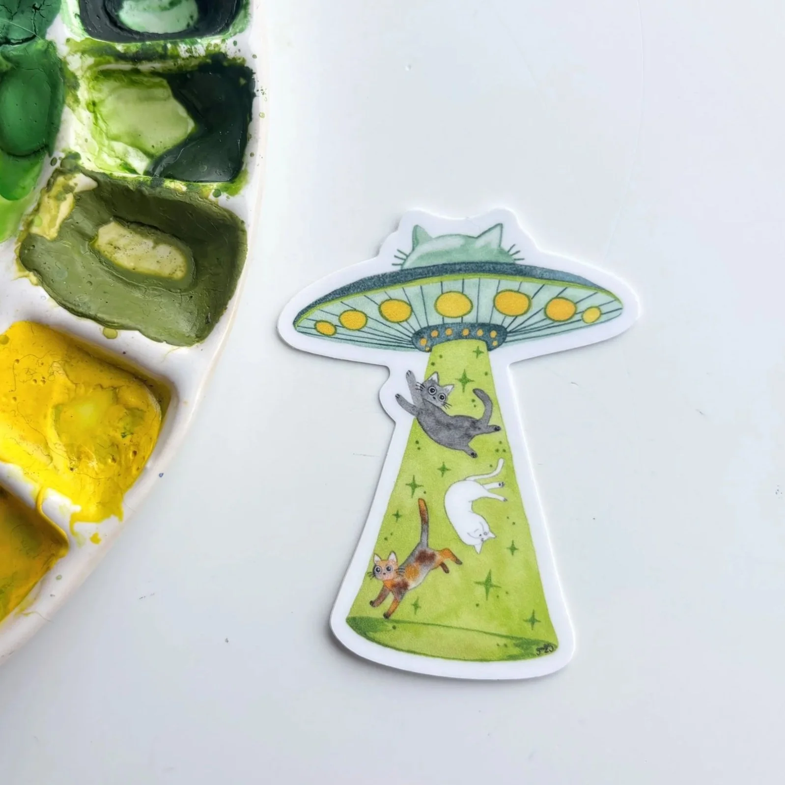 Alien Cat Abduction Watercolor Sticker – Whimsical UFO Space Art