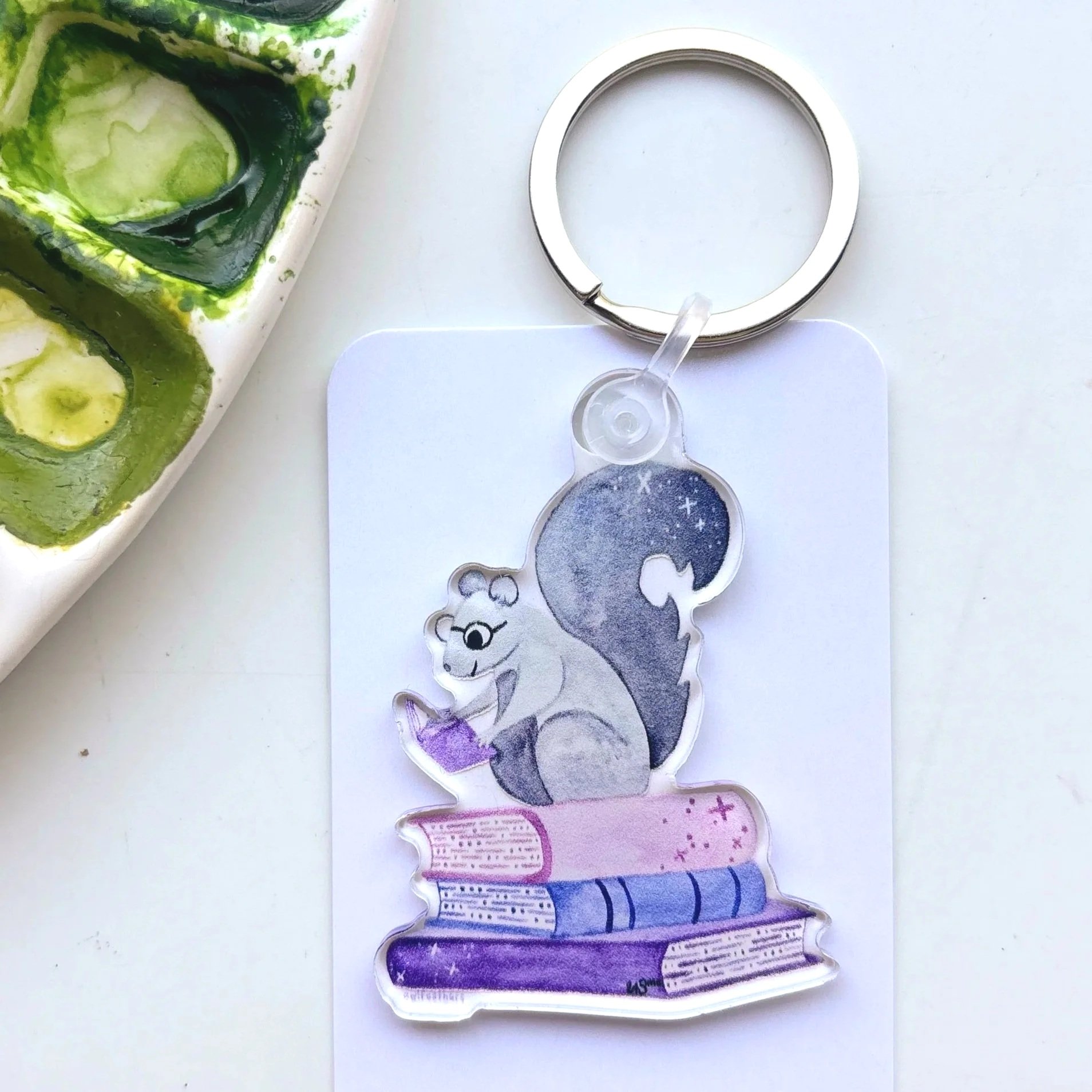 Squirrel Reading Books Keychain
