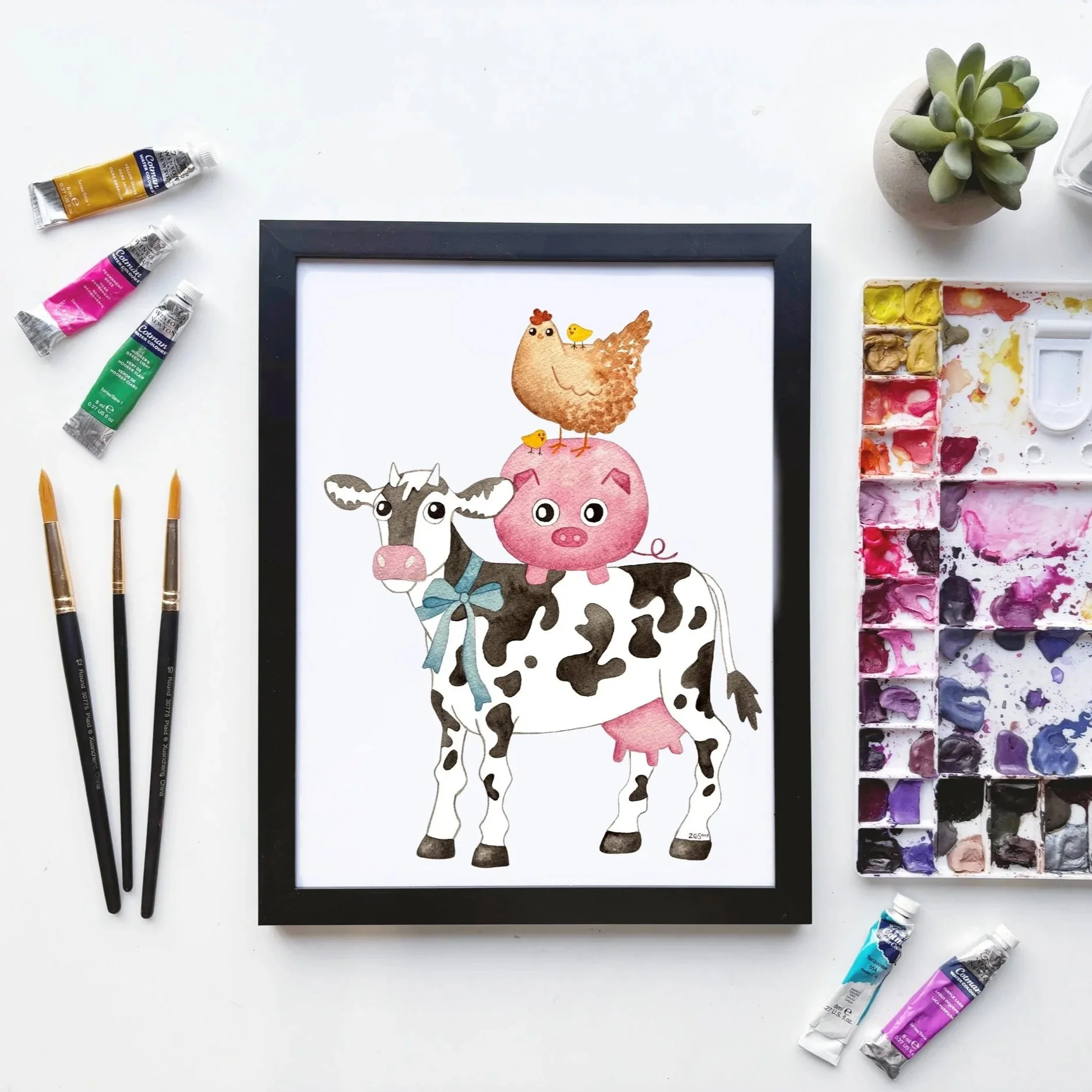 Cow and Friends Watercolor Art Print – Whimsical Farm Animal Illustration