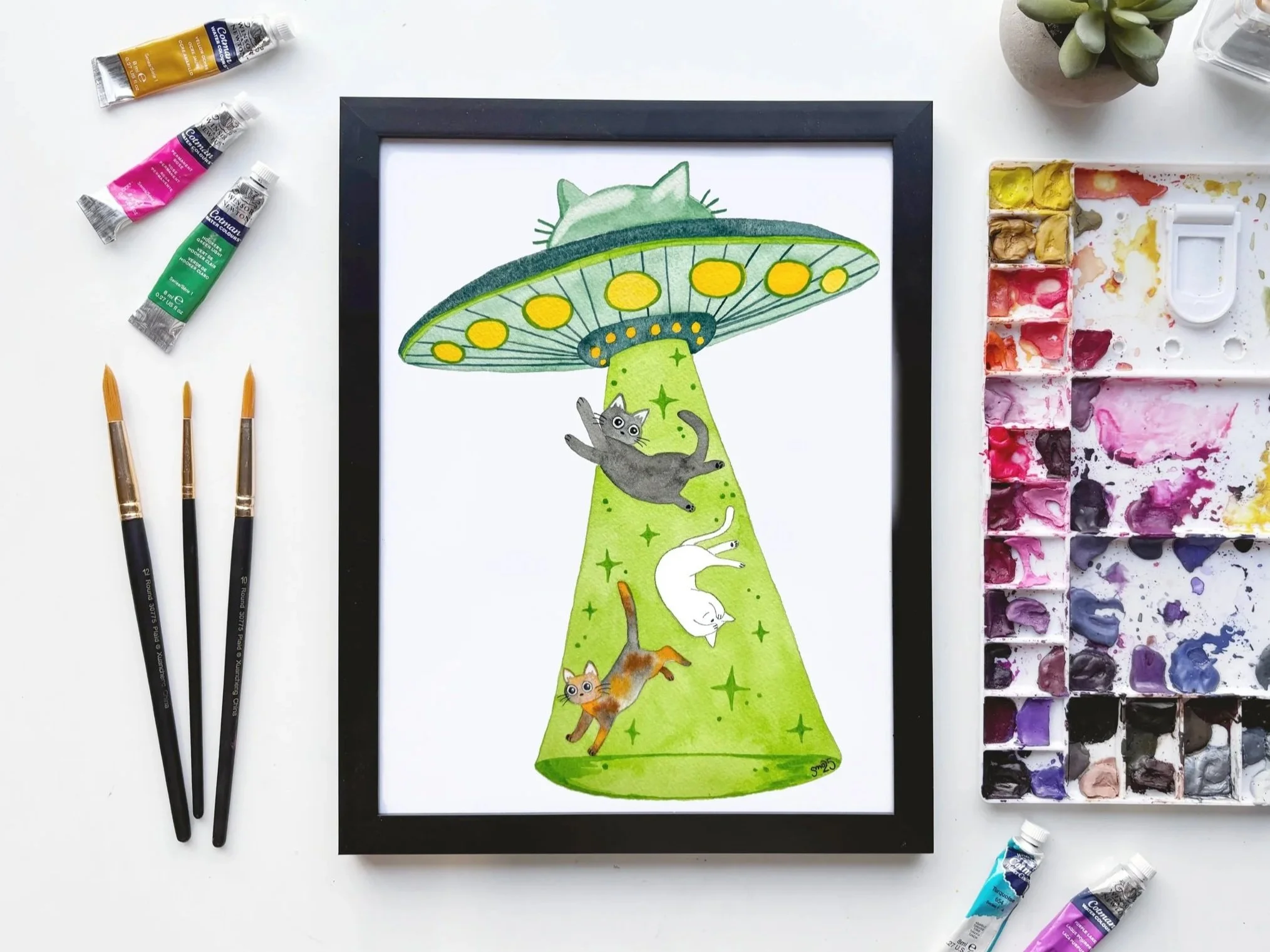Cat Alien Abduction Watercolor Art Print – Whimsical UFO Cat Illustration