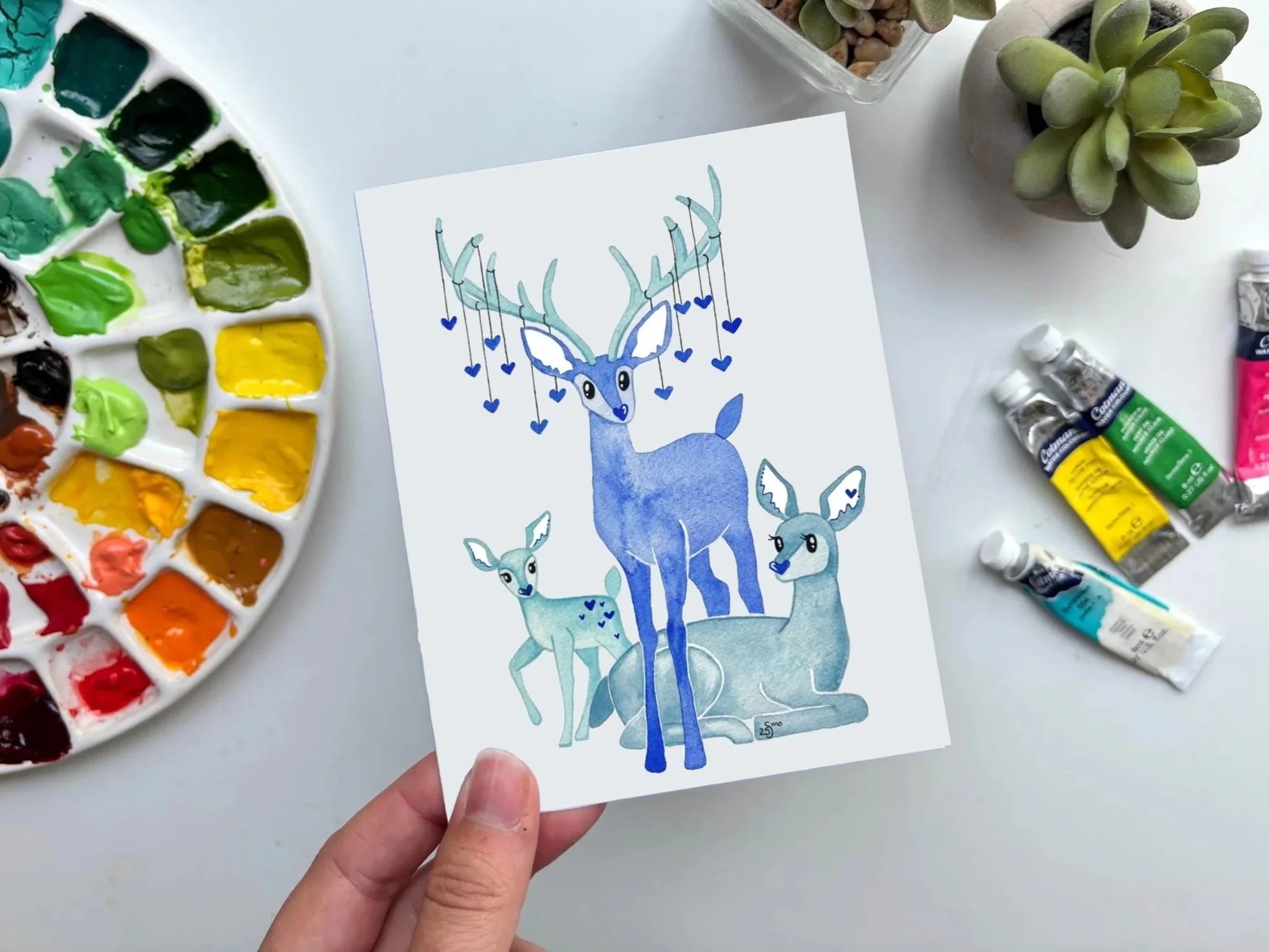 Deer Family Card – Whimsical Woodland Love Watercolor Art