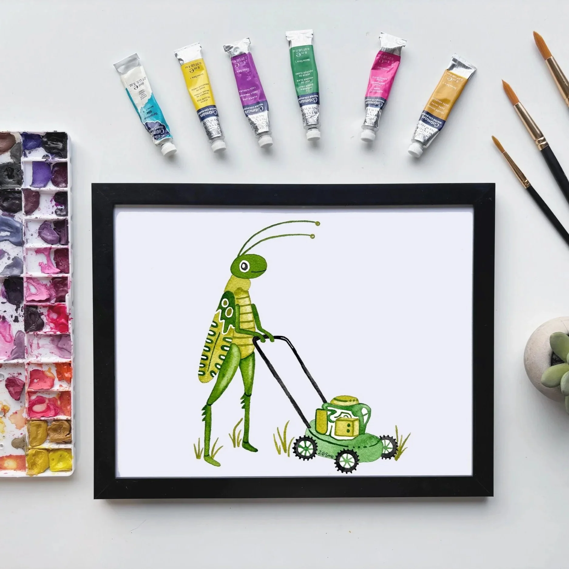 Grasshopper Watercolor Art Print – Cute Lawn Mower Garden Bug Illustration