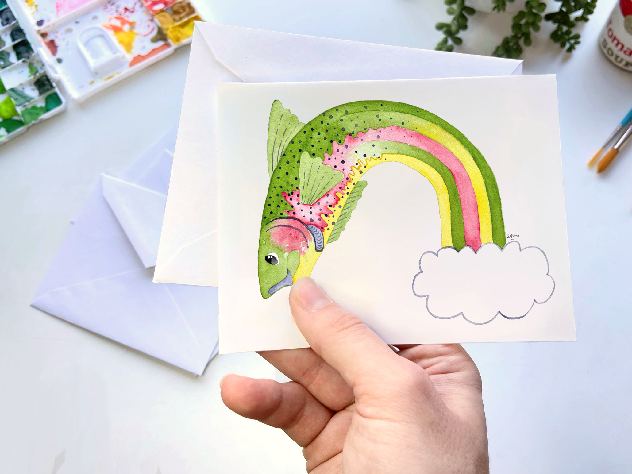 Rainbow Trout Greeting Card – Whimsical Watercolor Fish & Rainbow Illustration