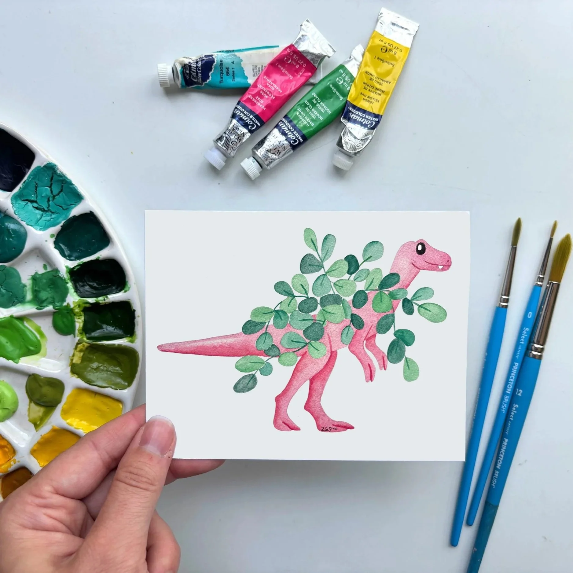 Dinosaur Plant Pink Card – Cute Botanical Dinosaur Watercolor Art