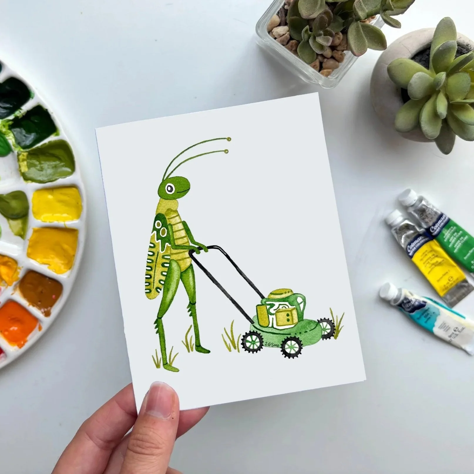 Grasshopper Card – Whimsical Garden Watercolor Art