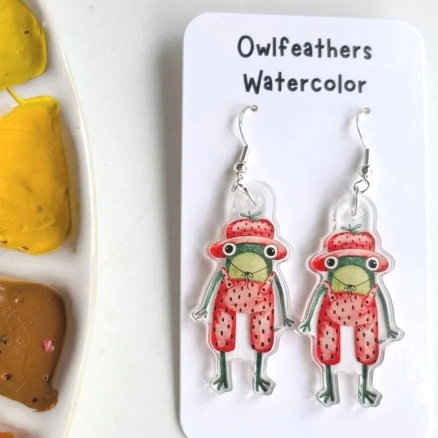 Strawberry Frog Watercolor Earrings