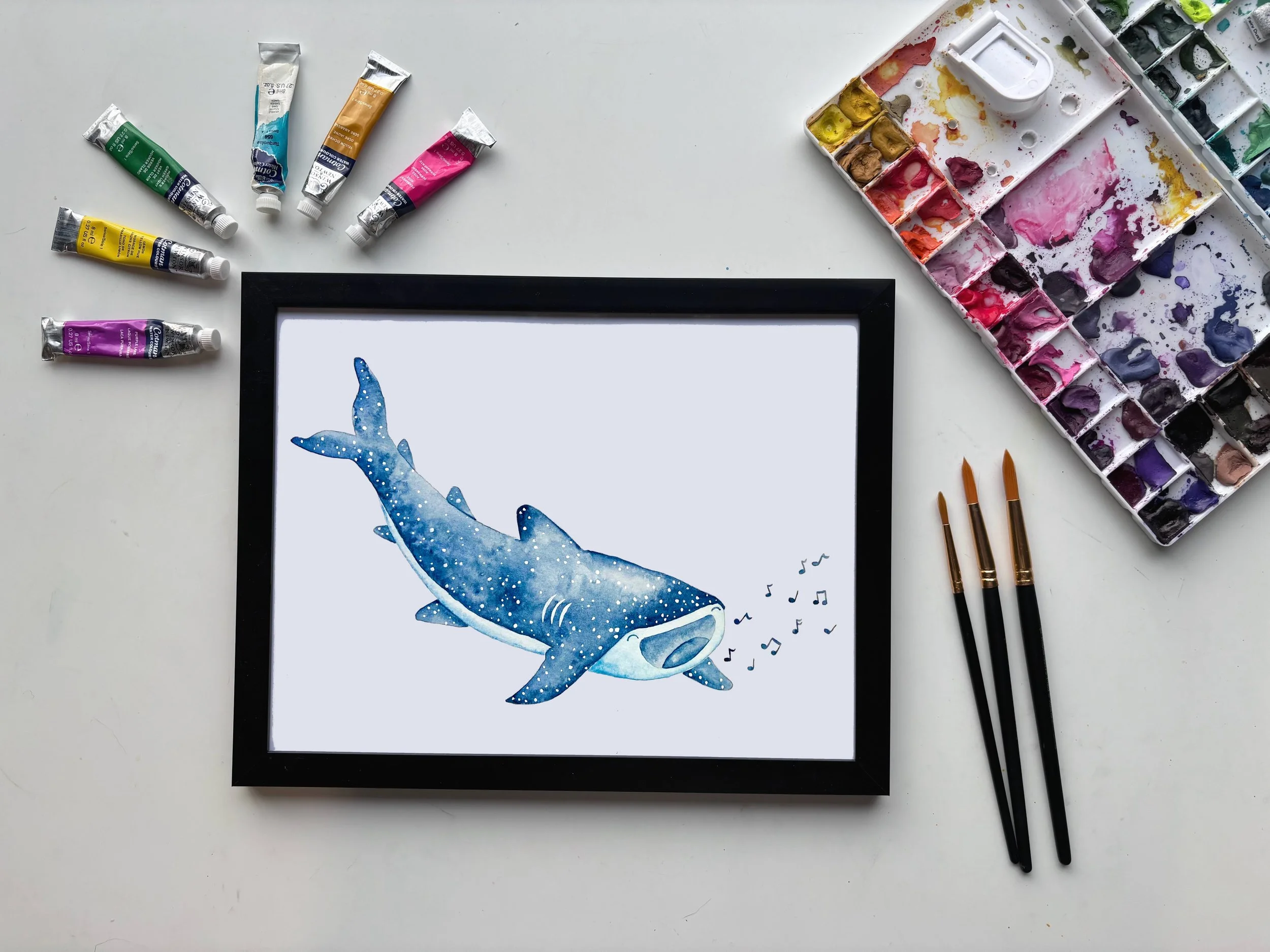Singing Whale Shark Watercolor Print