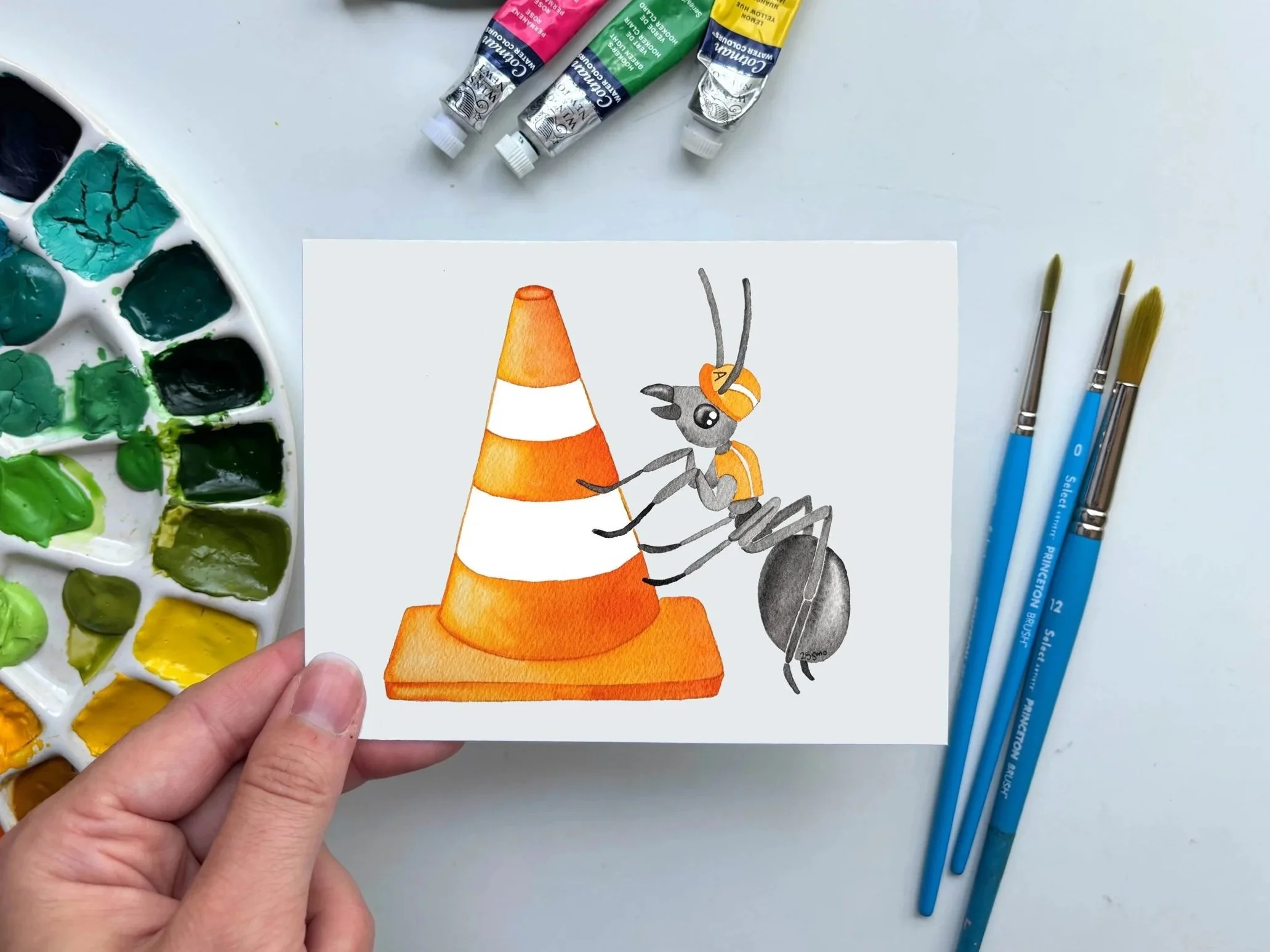 Ant Construction Watercolor Card – Playful Worksite Insect Art