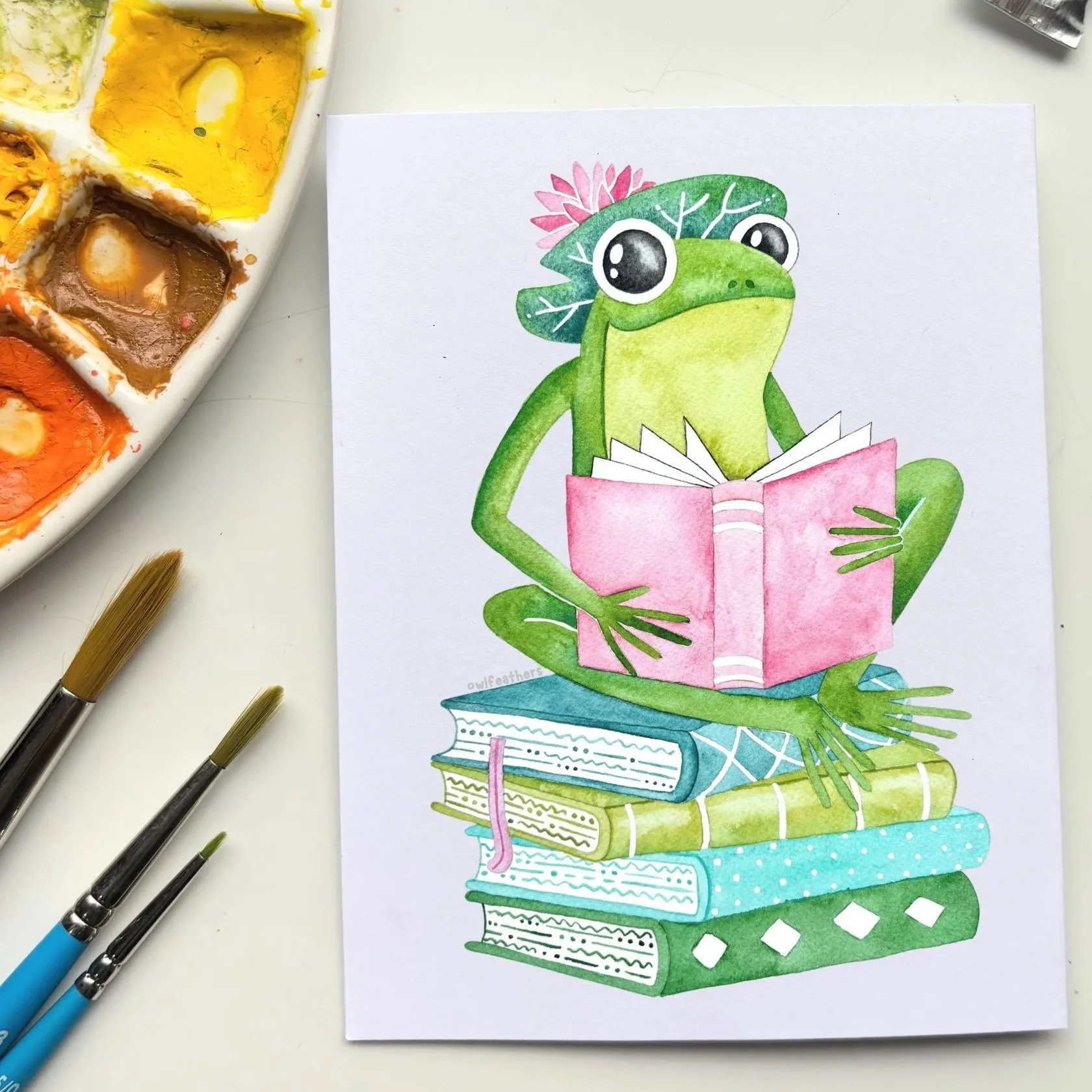 Frog Reading Books Greeting Card