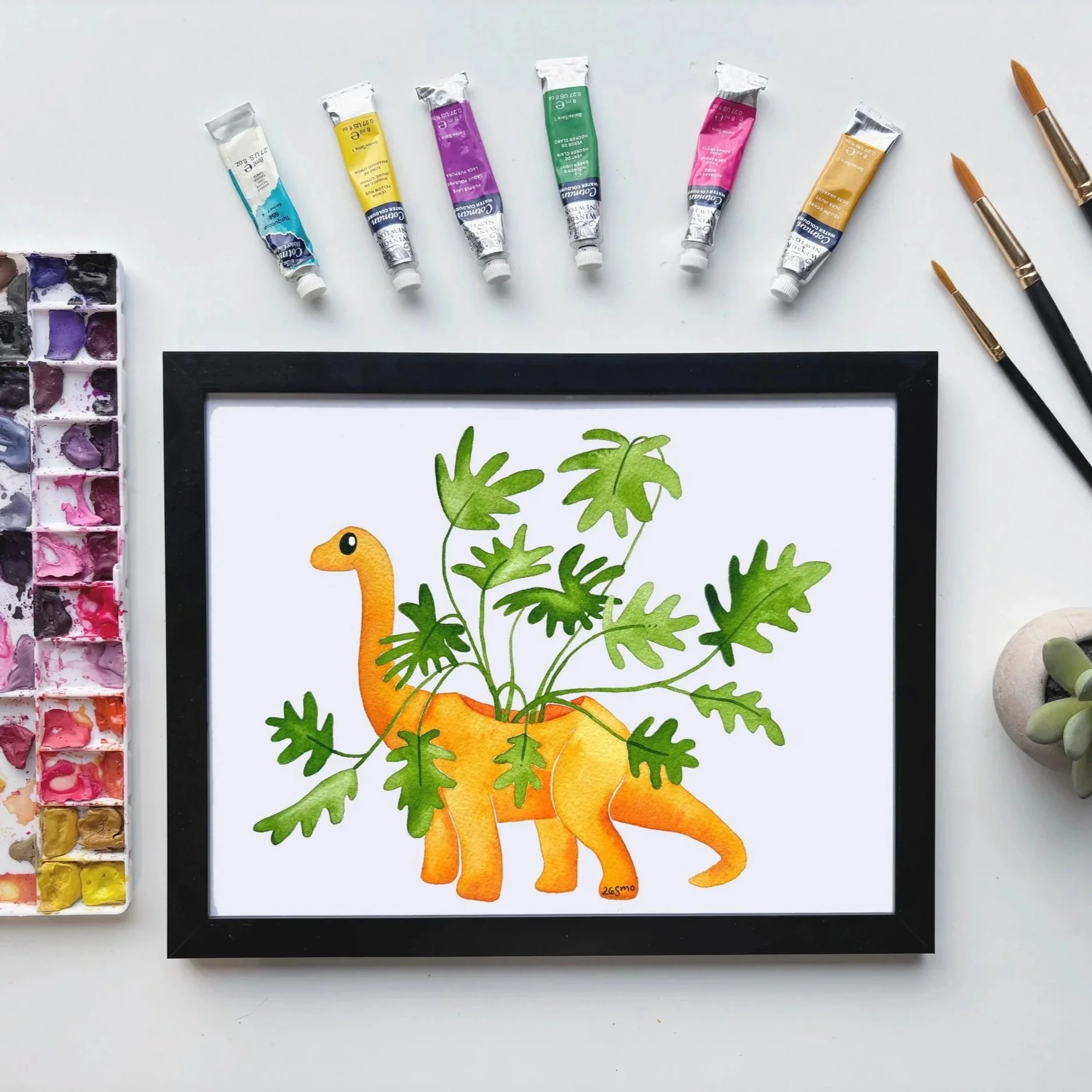 Dinosaur Plant Orange Watercolor Art Print – Botanical Dino Illustration