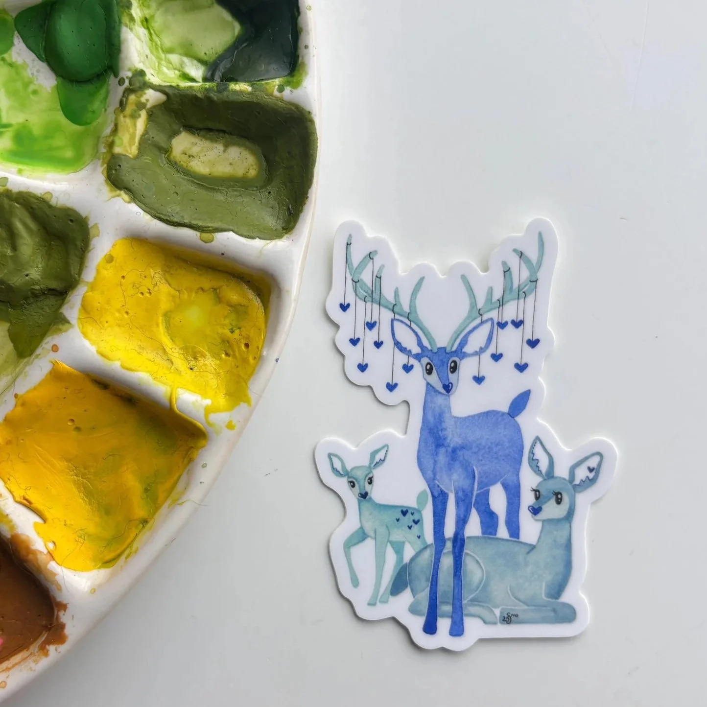 Blue Deer Family Watercolor Sticker – Woodland Forest Animal Art