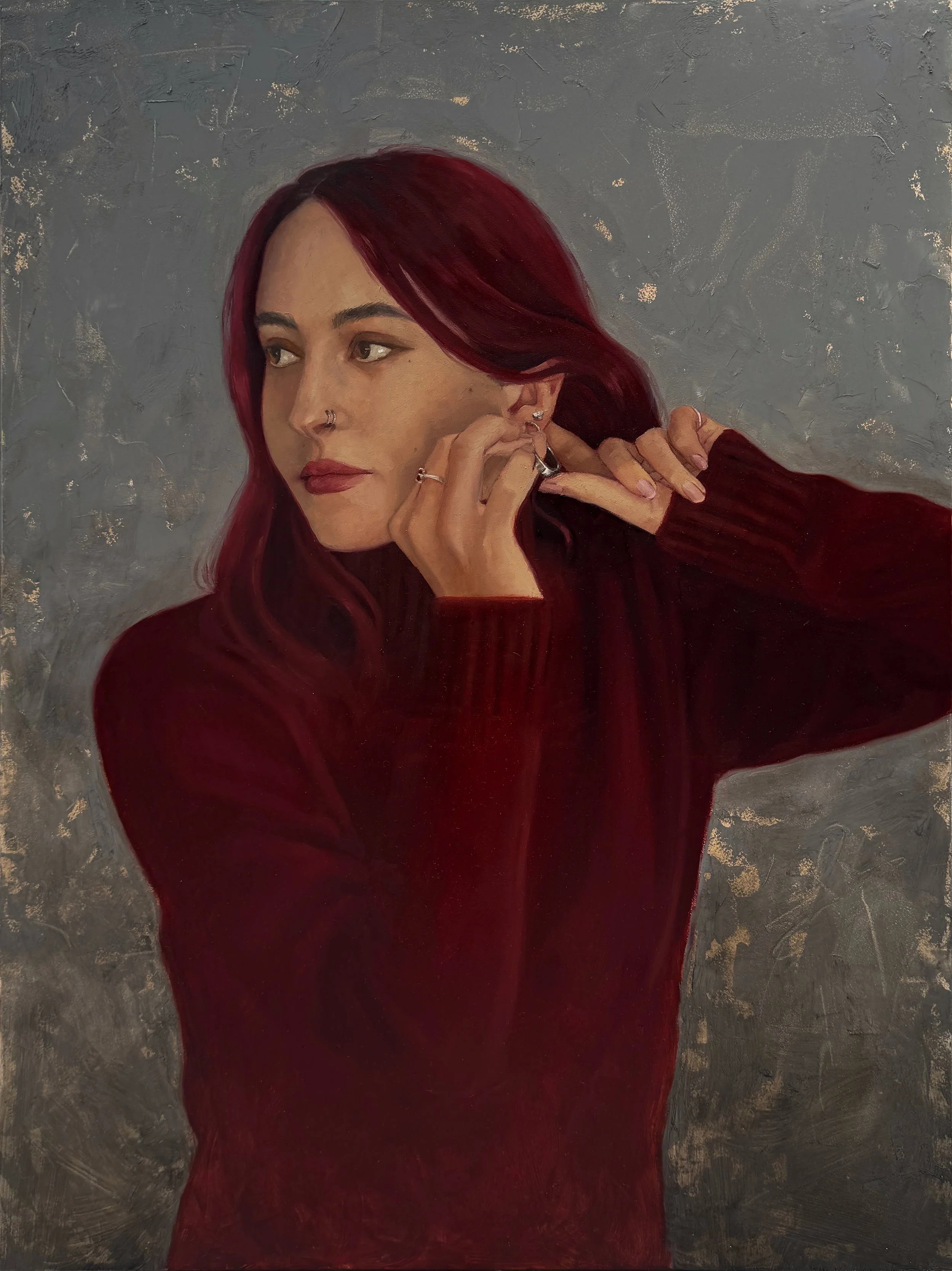Securing an Earring 
2023 Oil on Gesso Board 18x24"
Inquire for Purchase