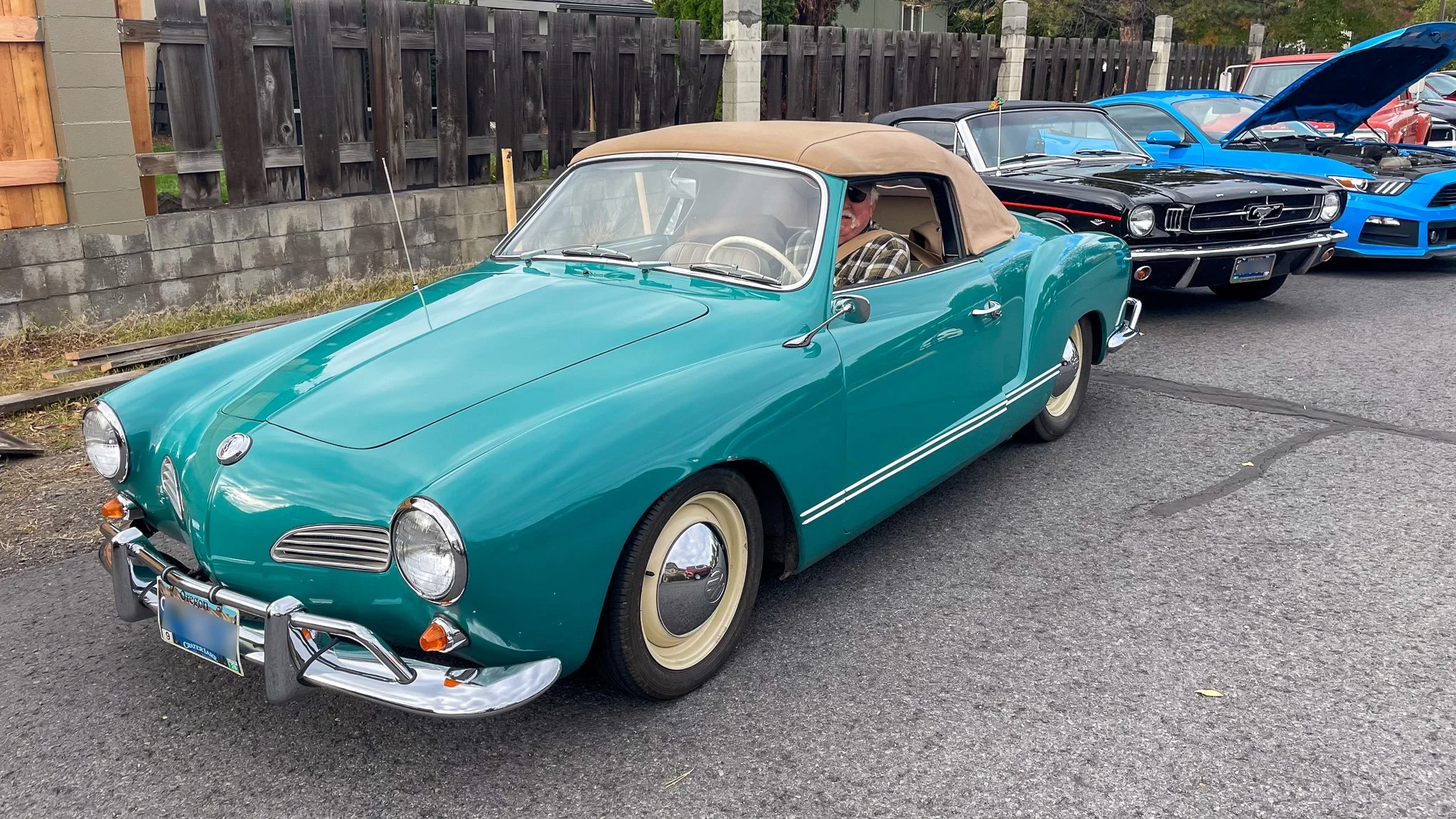 Volkswagen Karmann Ghia Convertible green w brown top at Bend Cars and Coffee.jpg